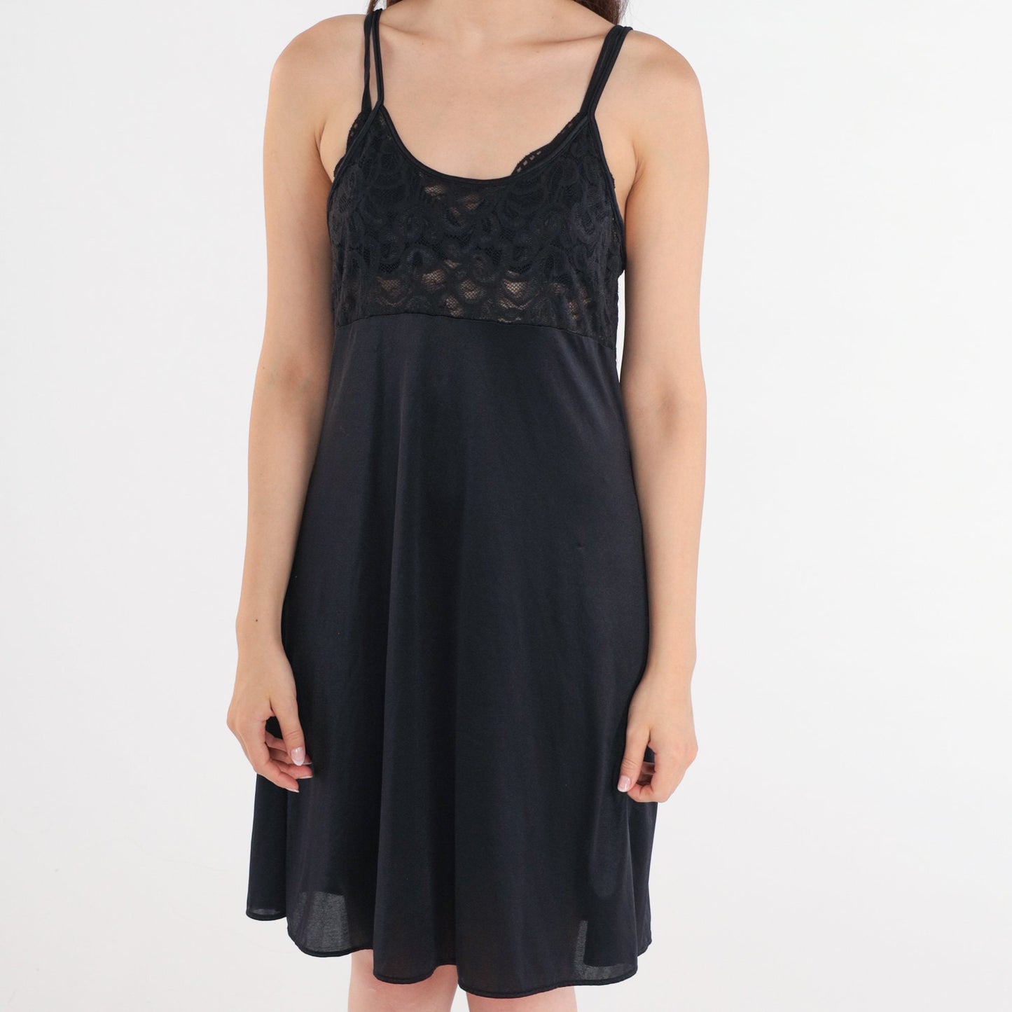 Y2K Black Sheer Lace Slip Dress Spaghetti Strap Mini Nightgown Large L
