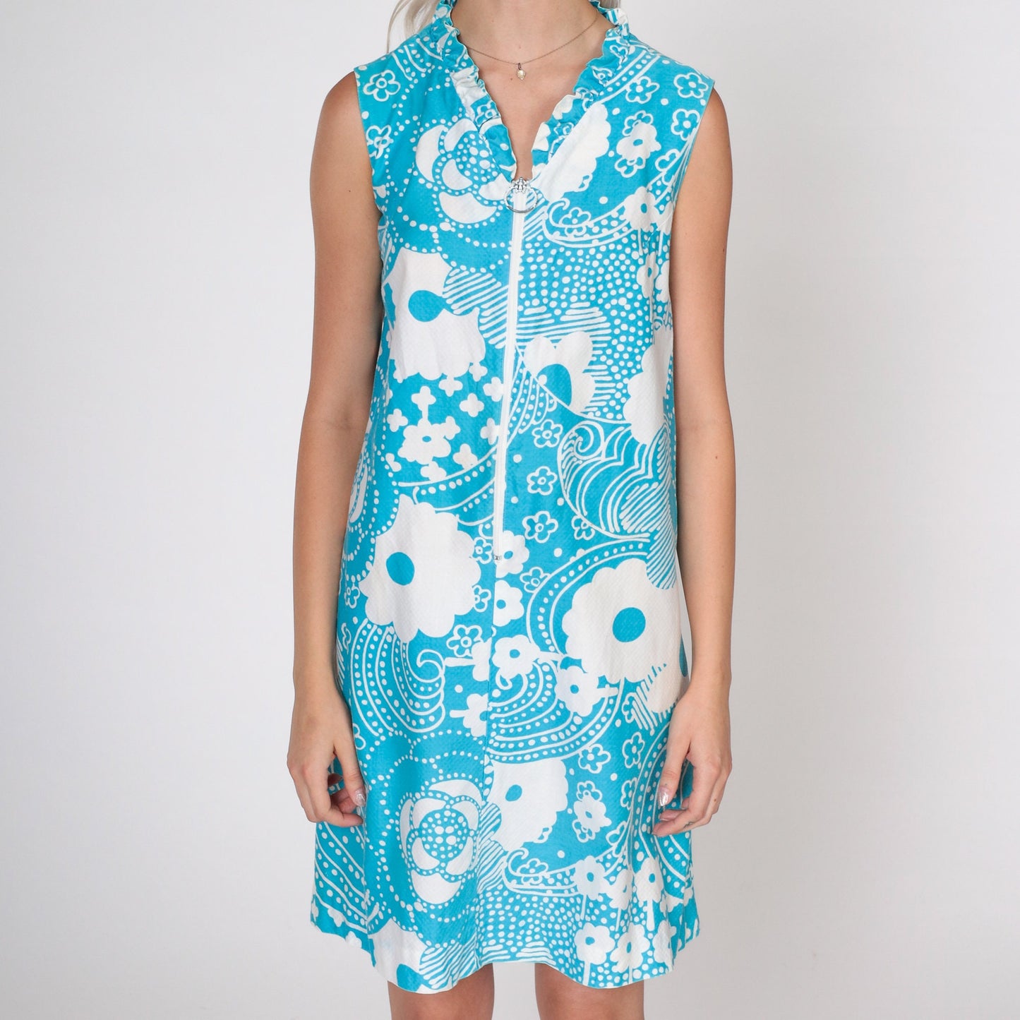 60s Floral Mod Mini Dress Sleeveless Shift Zip Blue White Cotton Small S