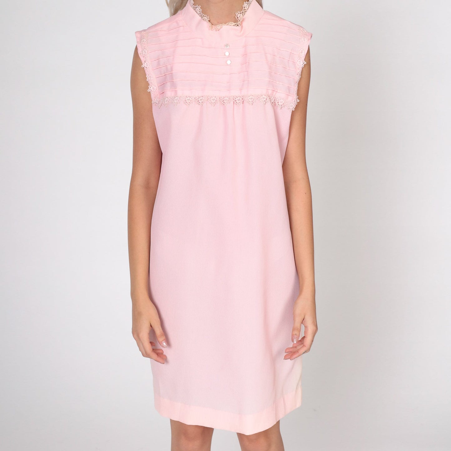 60s Mod Mini Shift Dress Baby Pink Lace Yoke Sleeveless Small Medium