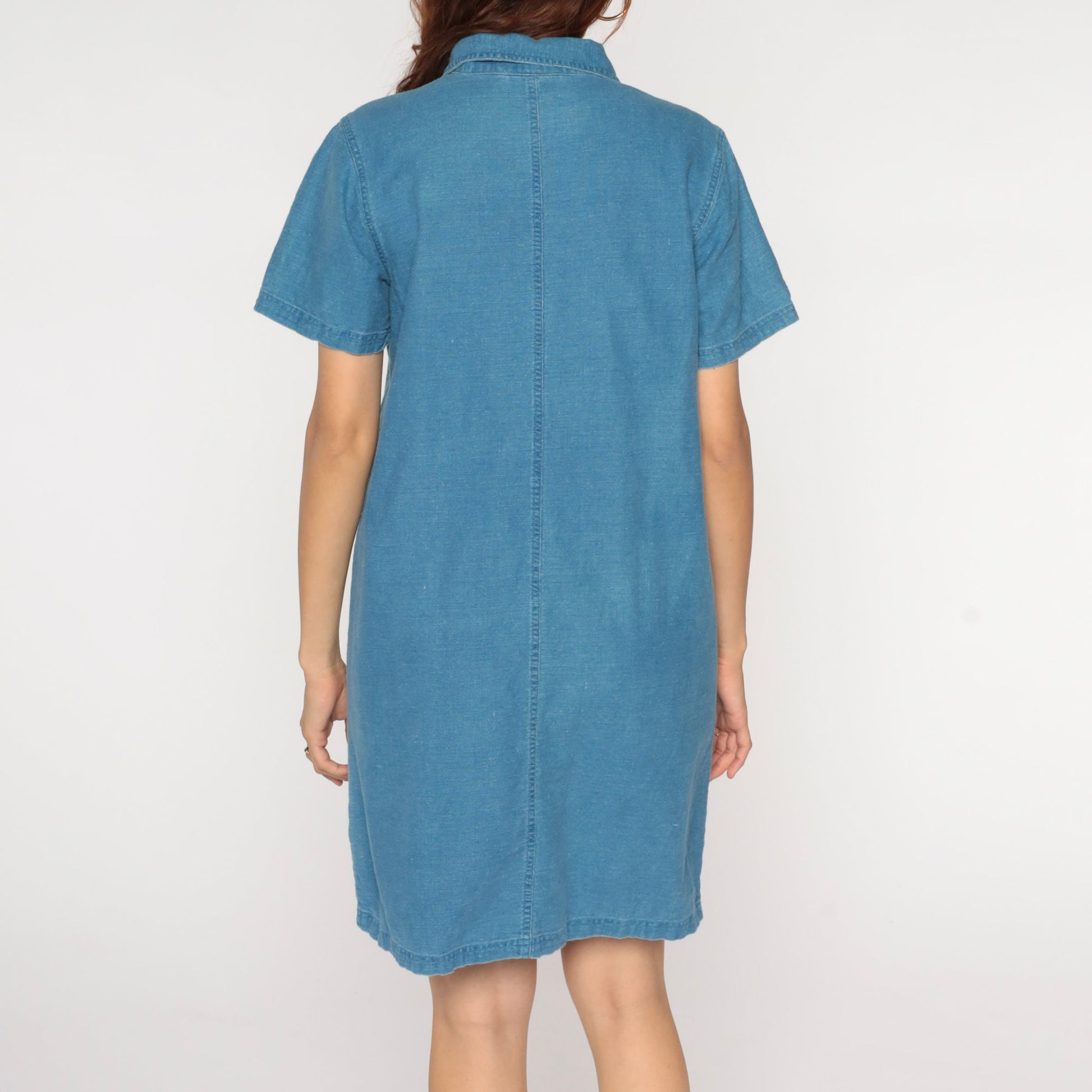 90s Blue Chambray Mini Dress Floral Embroidered Button Up Short Sleeve Medium