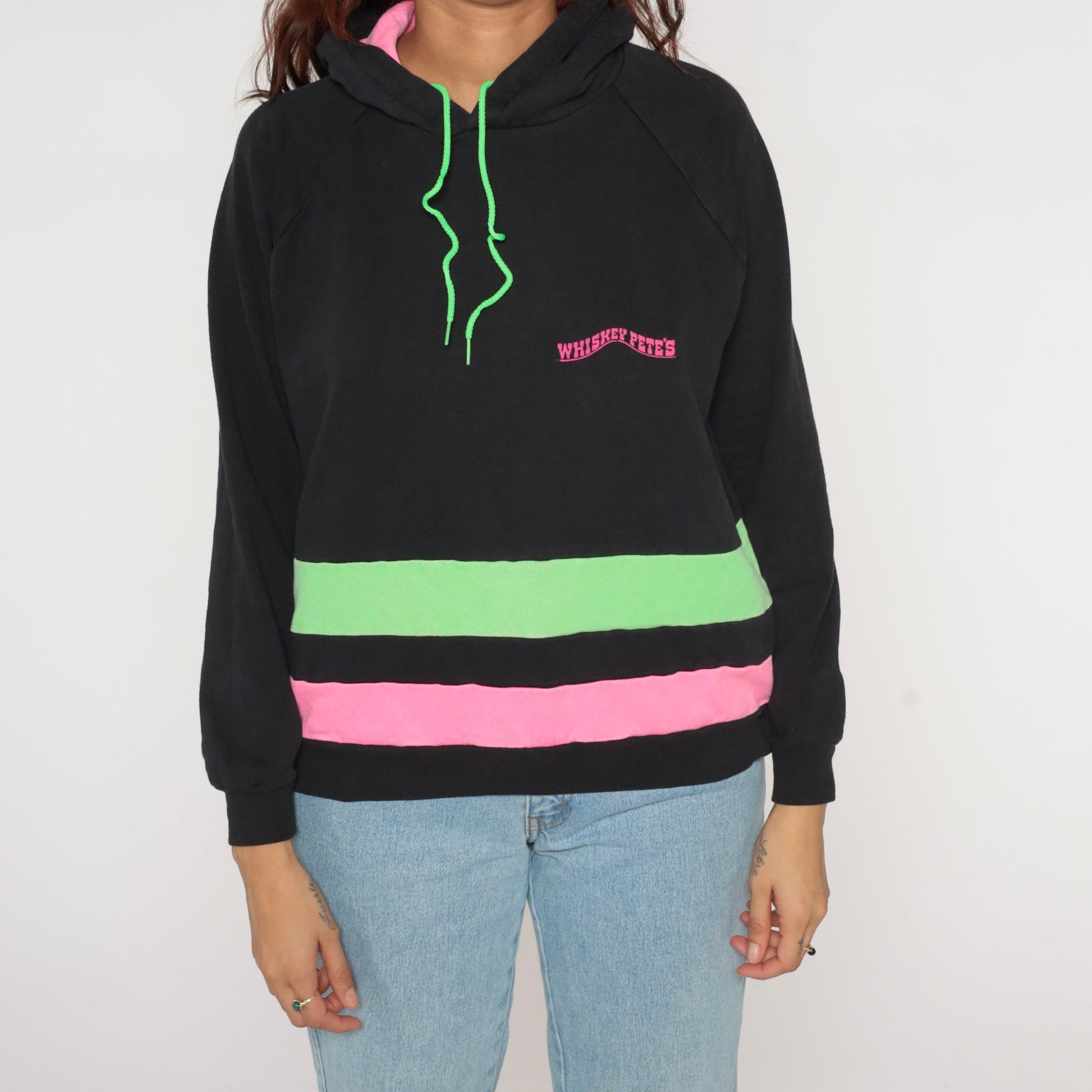 90s Whiskey Pete's Neon Striped Hoodie Black Pink Green Medium