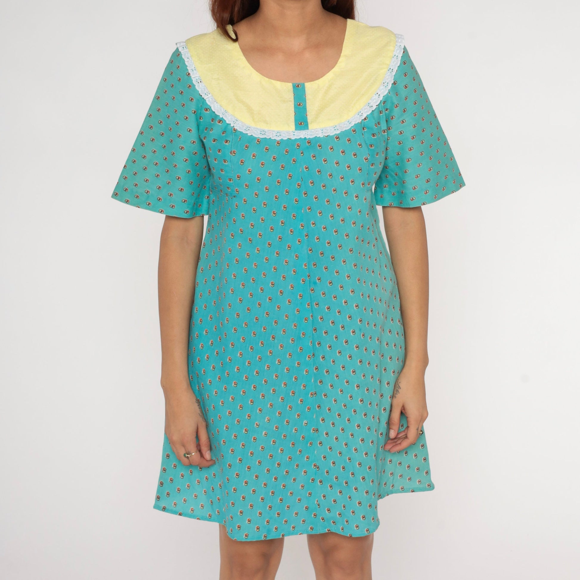 70s Turquoise Geometric Shift Dress Mini Yoke Short Sleeve Extra Small