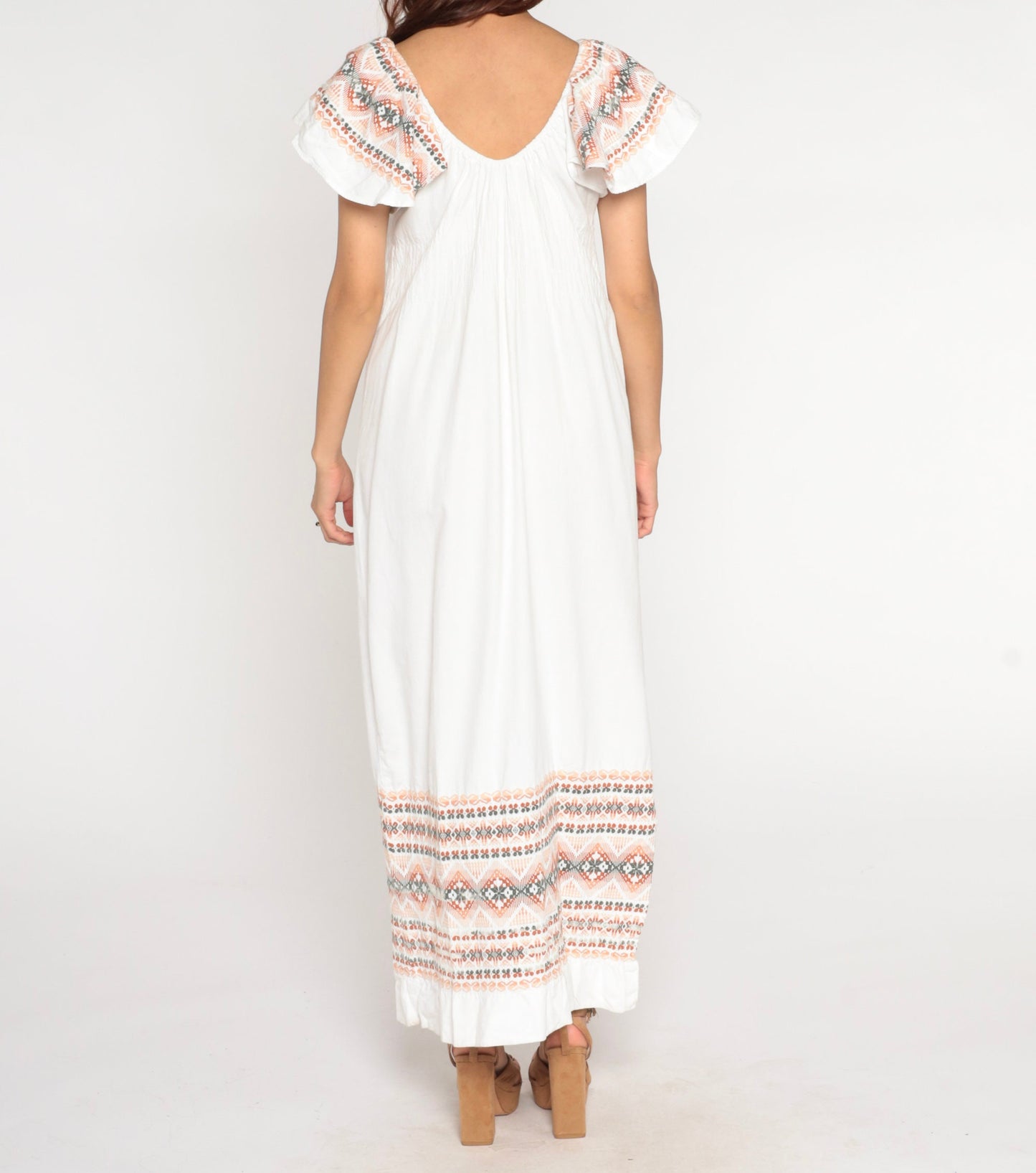 90s White Cotton Maxi Dress Aztec Embroidery Off-Shoulder Flutter Sleeve Medium