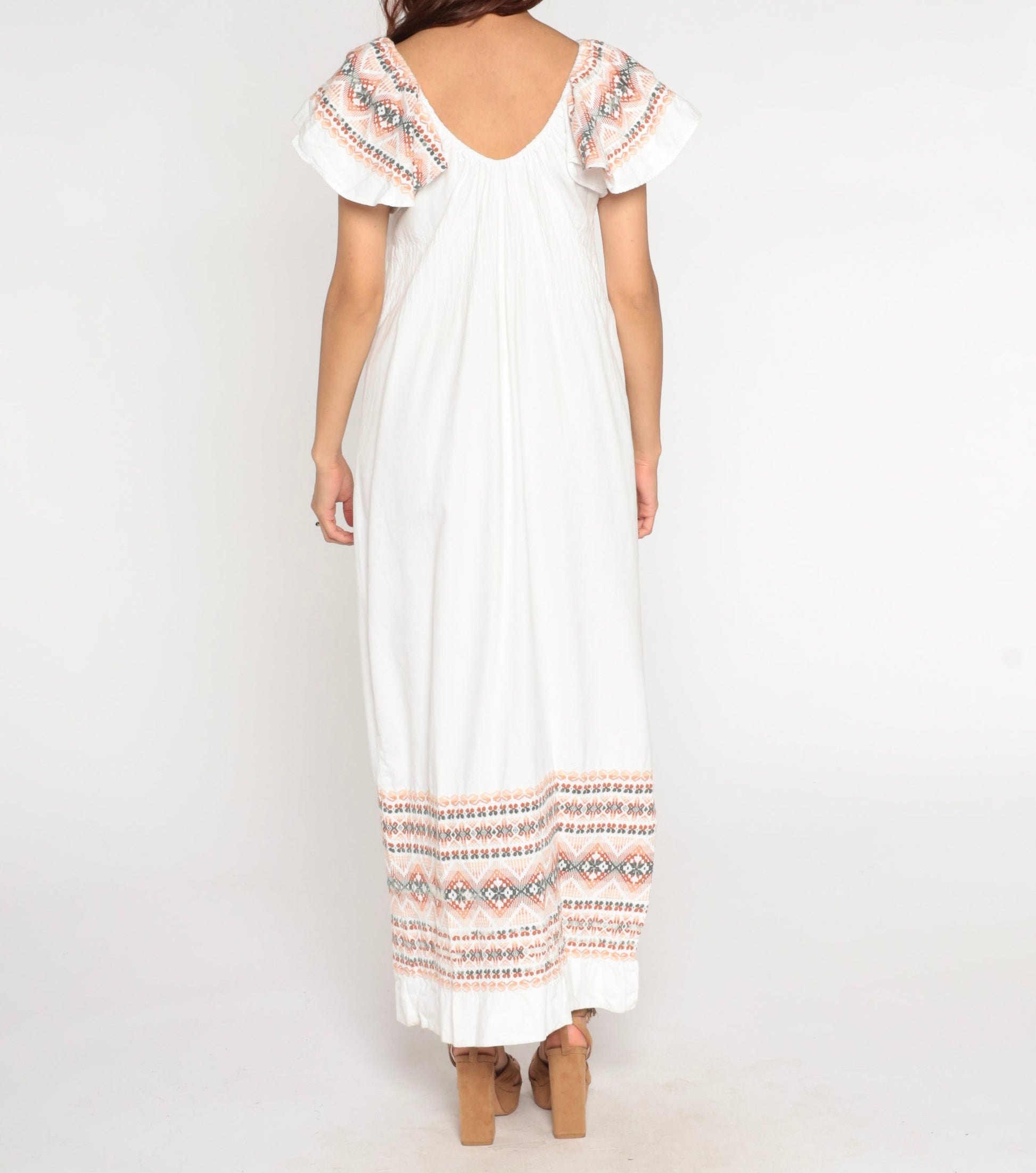 90s White Cotton Maxi Dress Aztec Embroidery Off-Shoulder Flutter Sleeve Medium