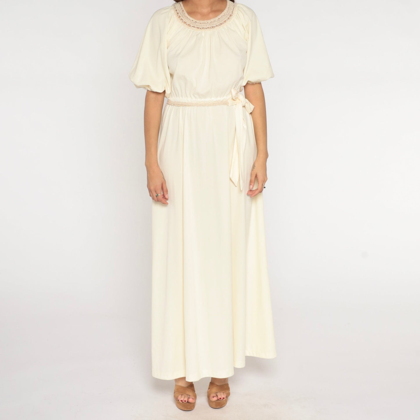 70s Cream Maxi Dress Crochet Trim High Waist Blouson Small