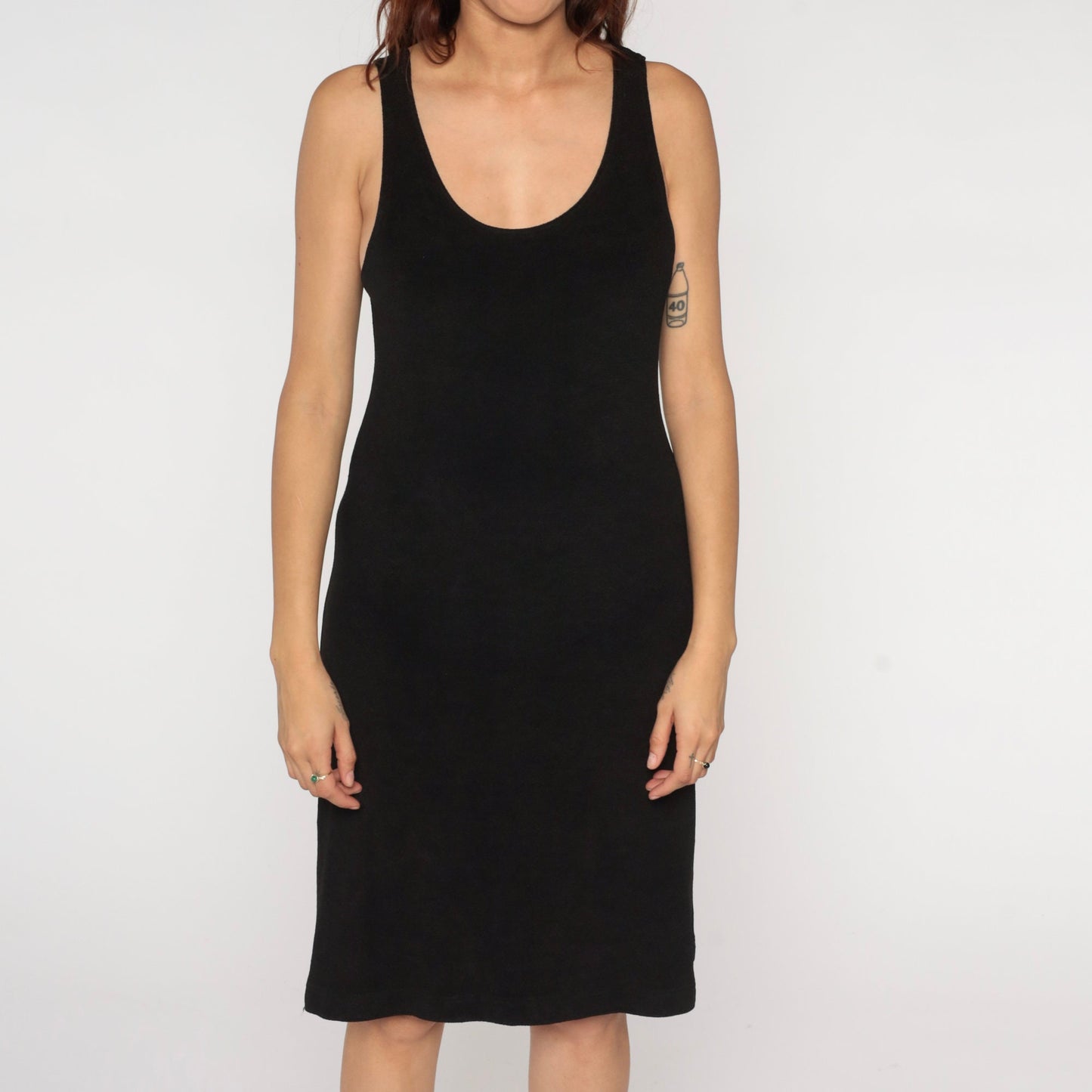 90s Black Bodycon Dress Sleeveless Scoop Neck Knee Length Medium
