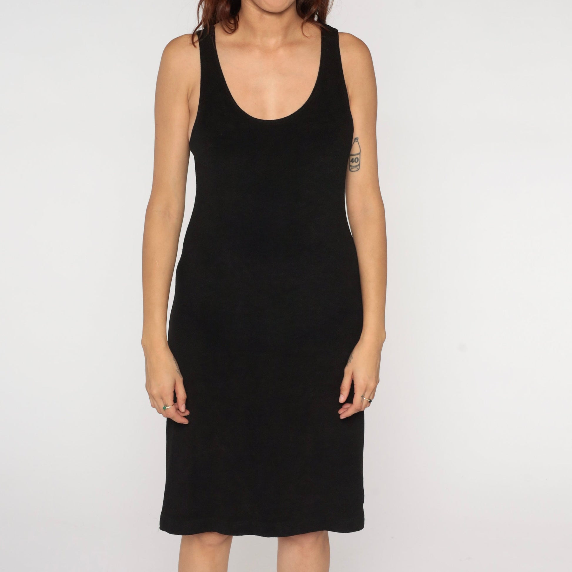 90s Black Bodycon Dress Sleeveless Scoop Neck Knee Length Medium