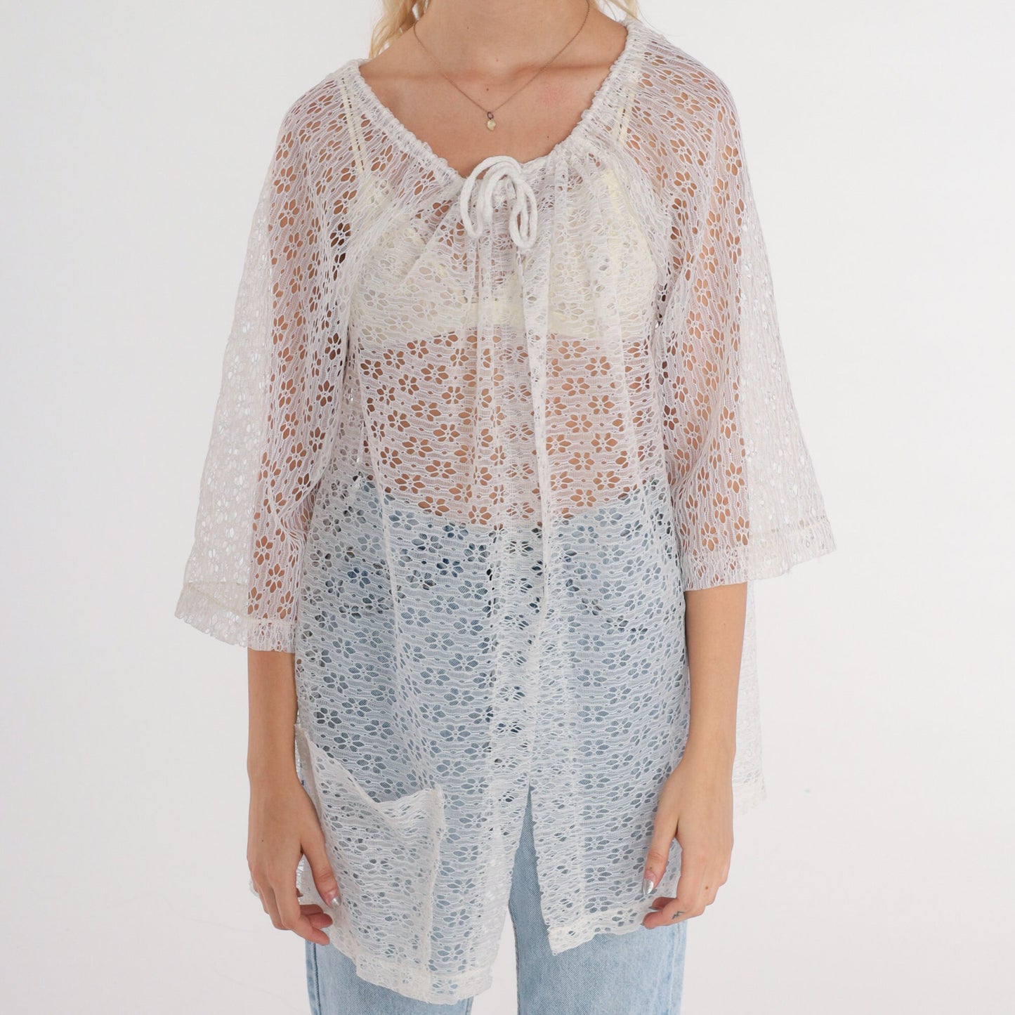 80s White Floral Lace Blouse Open Front Tie Neck 3/4 Sleeve Small