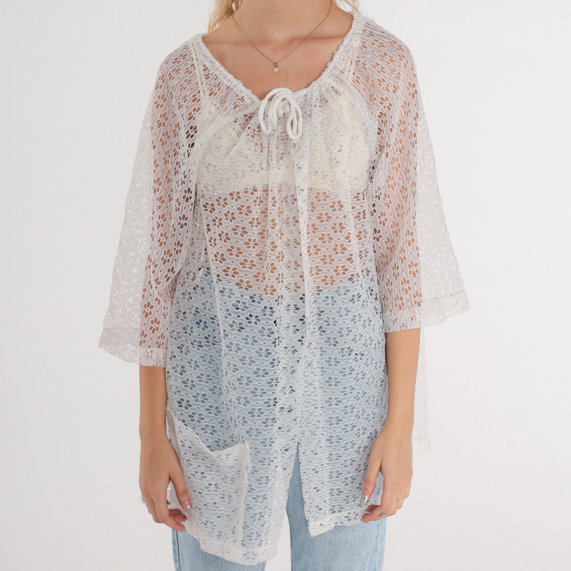 80s White Floral Lace Blouse Open Front Tie Neck 3/4 Sleeve Small