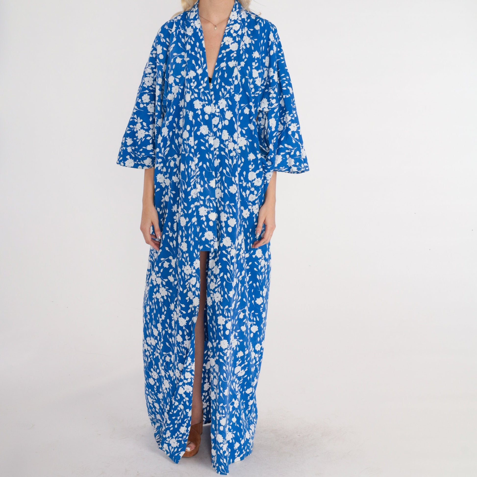 80s Blue Floral Cotton Kimono Robe Maxi Length Open Front Extra Large