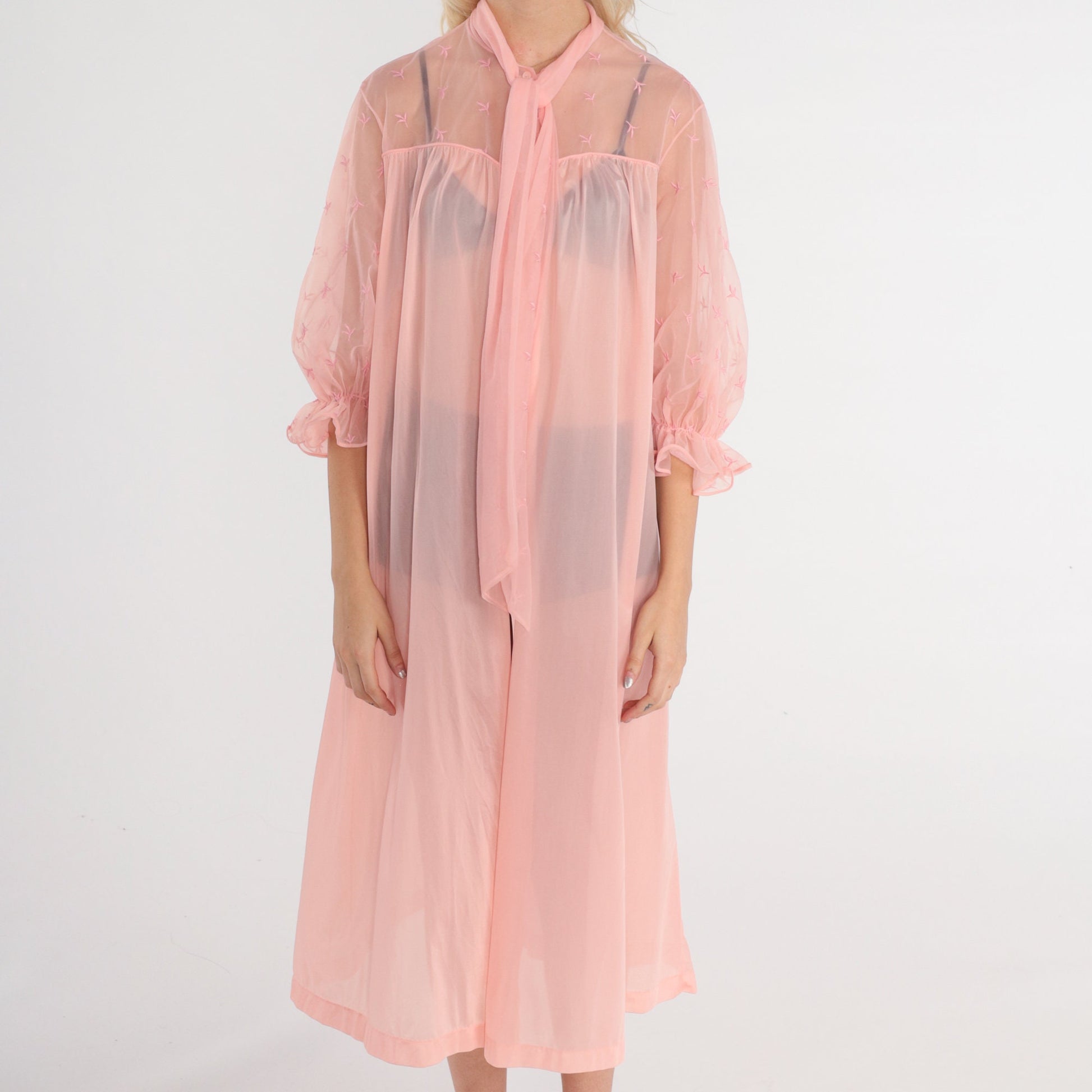 70s Vanity Fair Sheer Pink Lingerie Robe Embroidered Midi Peignoir Medium