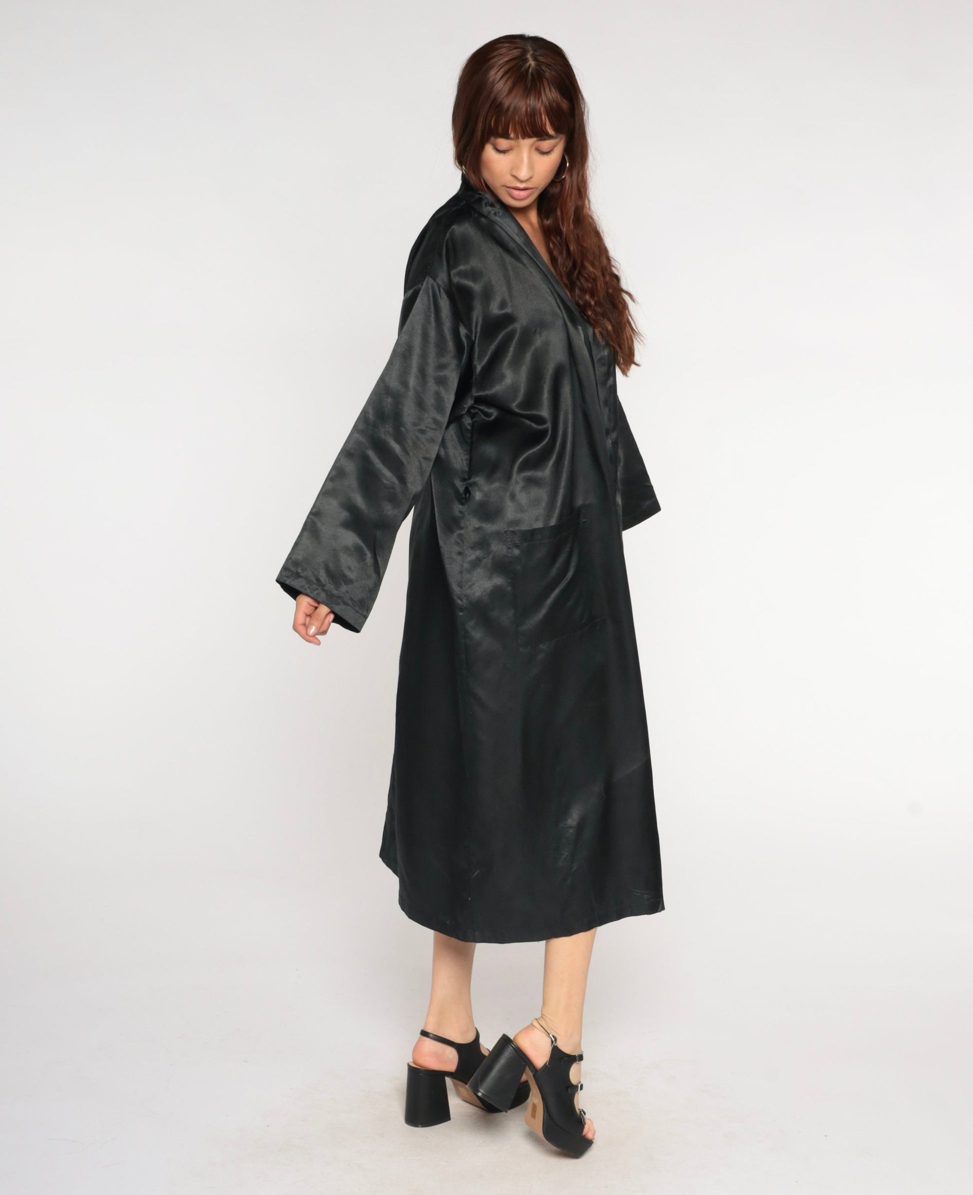 90s Black Satin Kimono Robe Floral Embroidered Open Front Maxi Medium