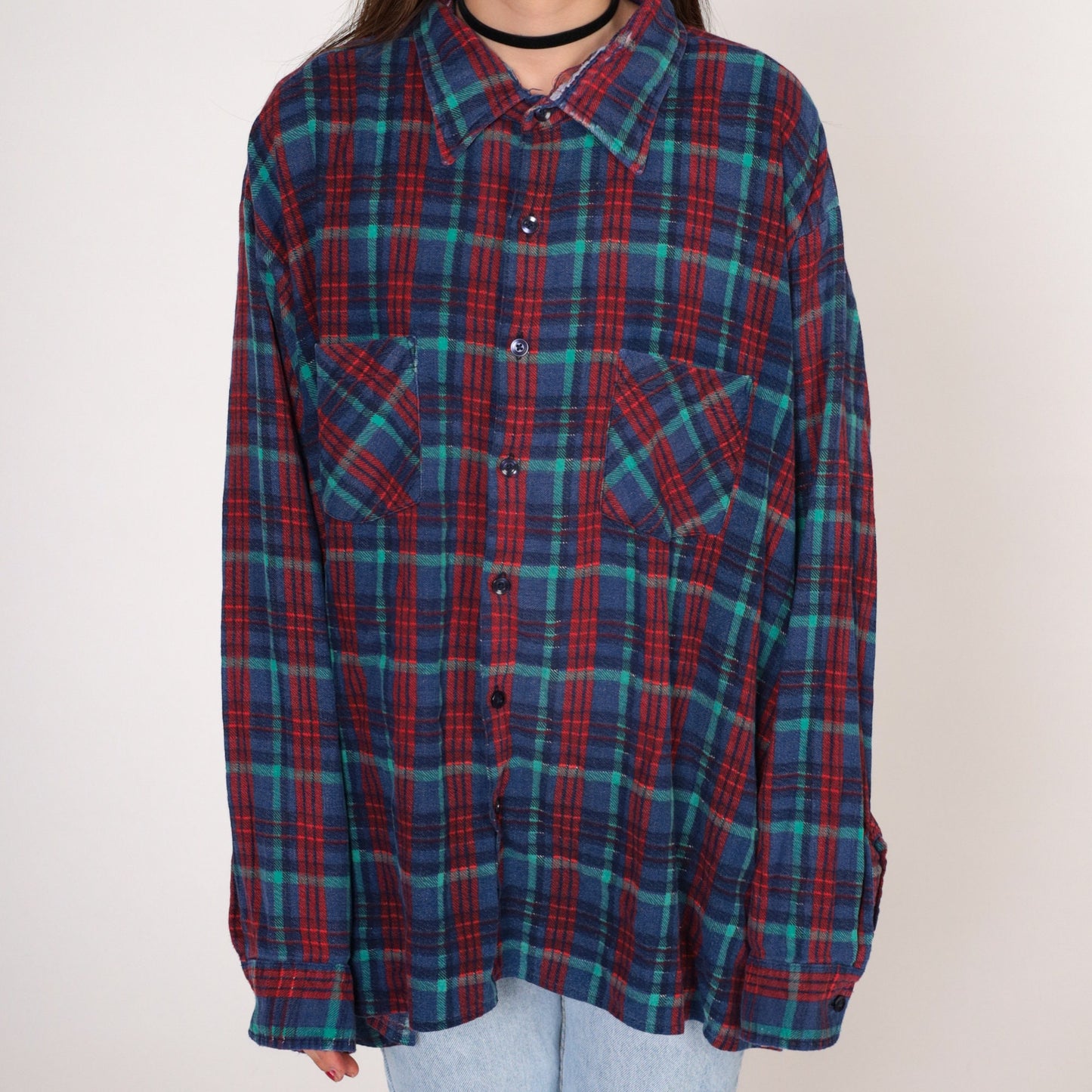 90s Saugatuck Dry Goods Flannel Shirt Blue Red Plaid Cotton Button Up Extra Extra Large XXL