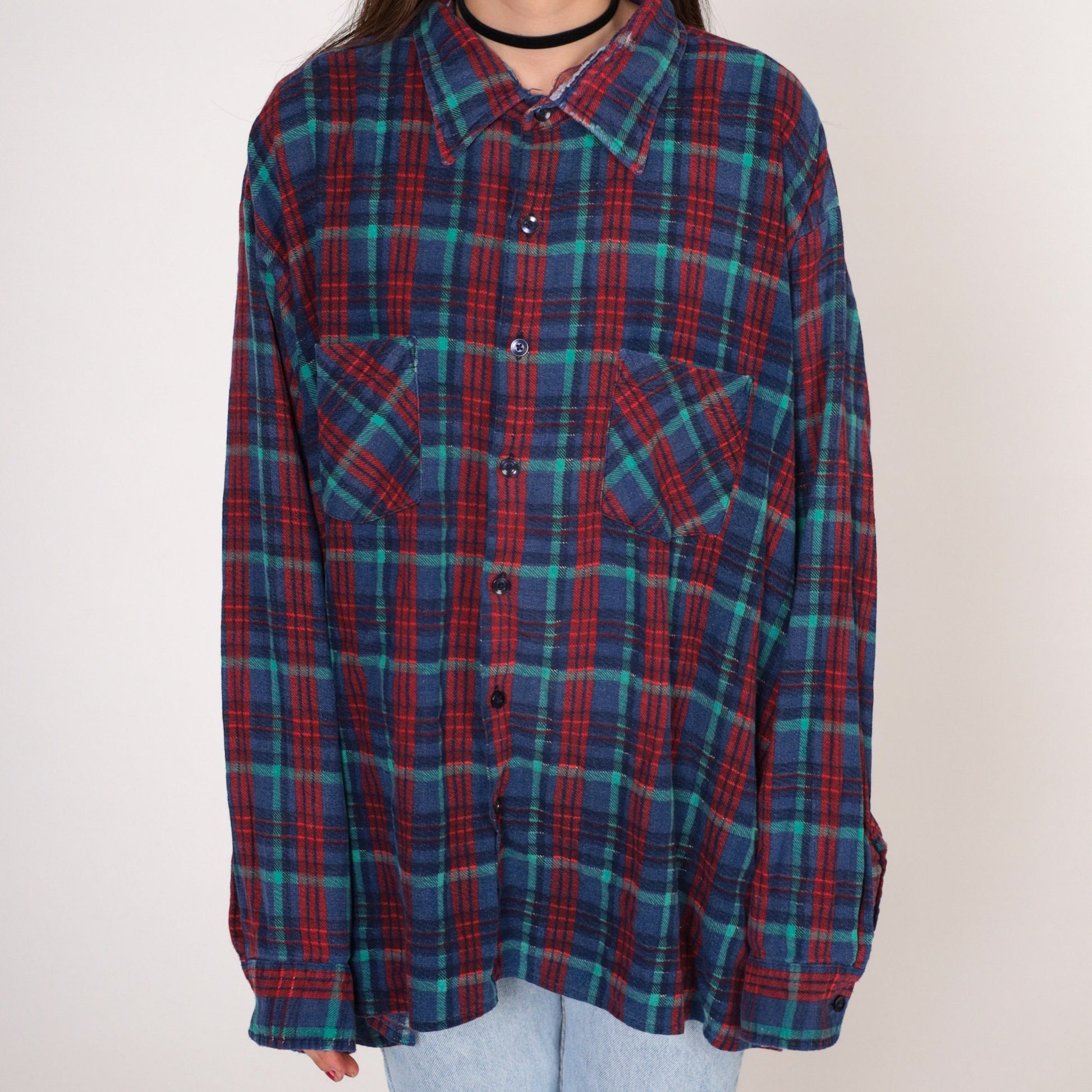 90s Saugatuck Dry Goods Flannel Shirt Blue Red Plaid Cotton Button Up Extra Extra Large XXL