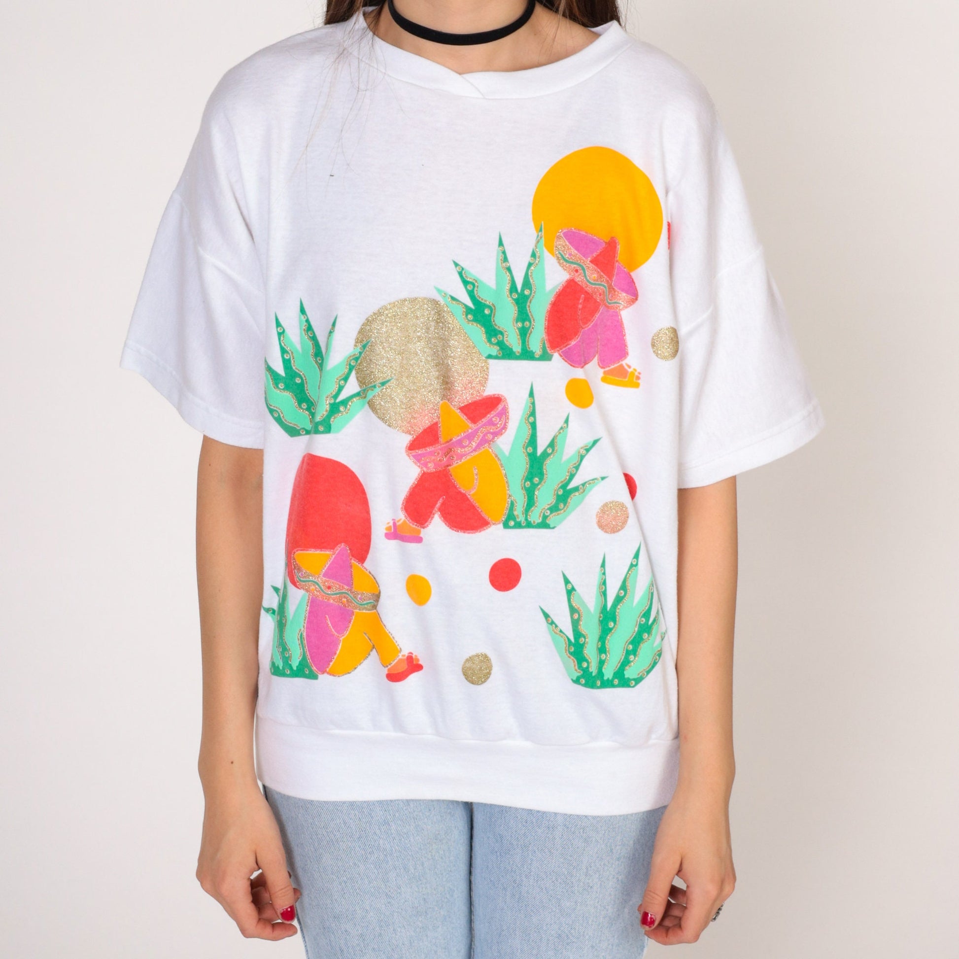 90s Jane Colby Art T-Shirt Sombrero Siesta Graphic White Cotton Large L