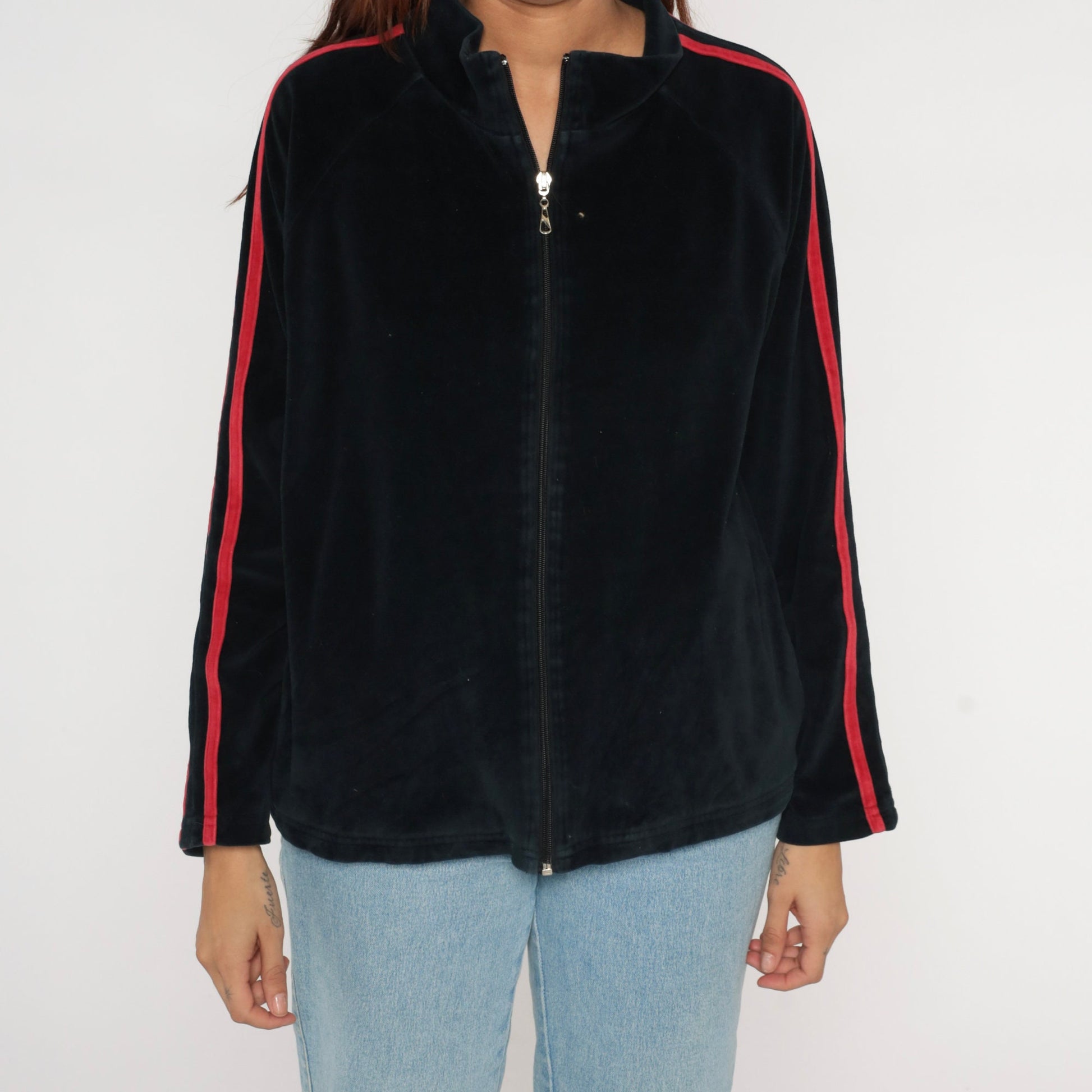 Y2K Black Velour Track Jacket Red Stripes Zip Up Medium