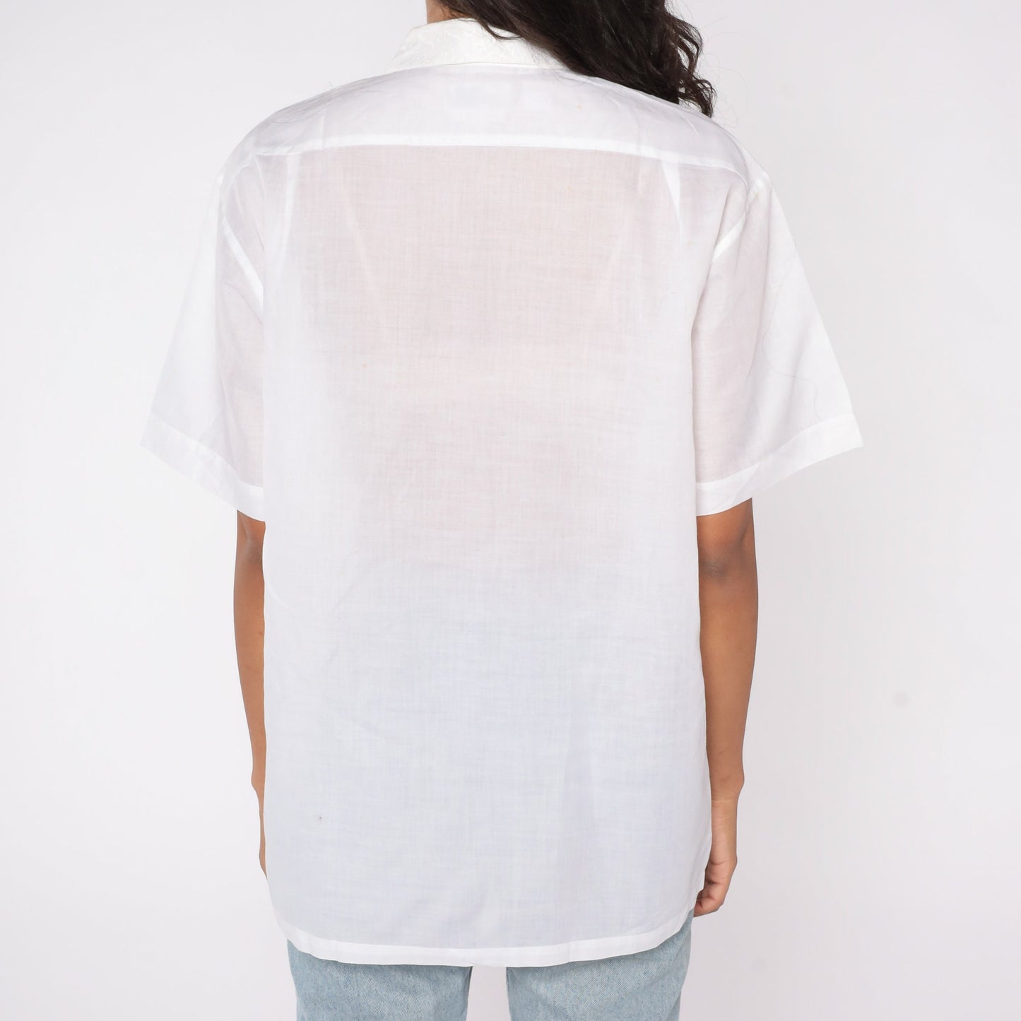 80s Harilelas White Floral Eyelet Cotton Shirt Short Sleeve Men's Medium