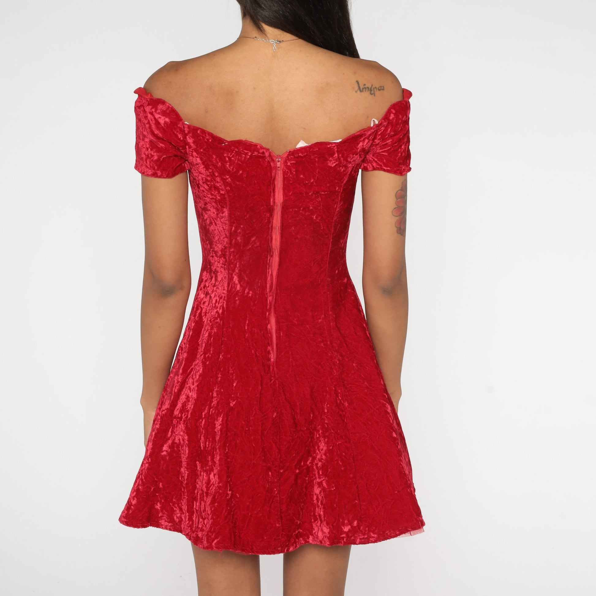 80s Red Velvet Mini Dress Off-Shoulder Scalloped Fit Flare Extra Small