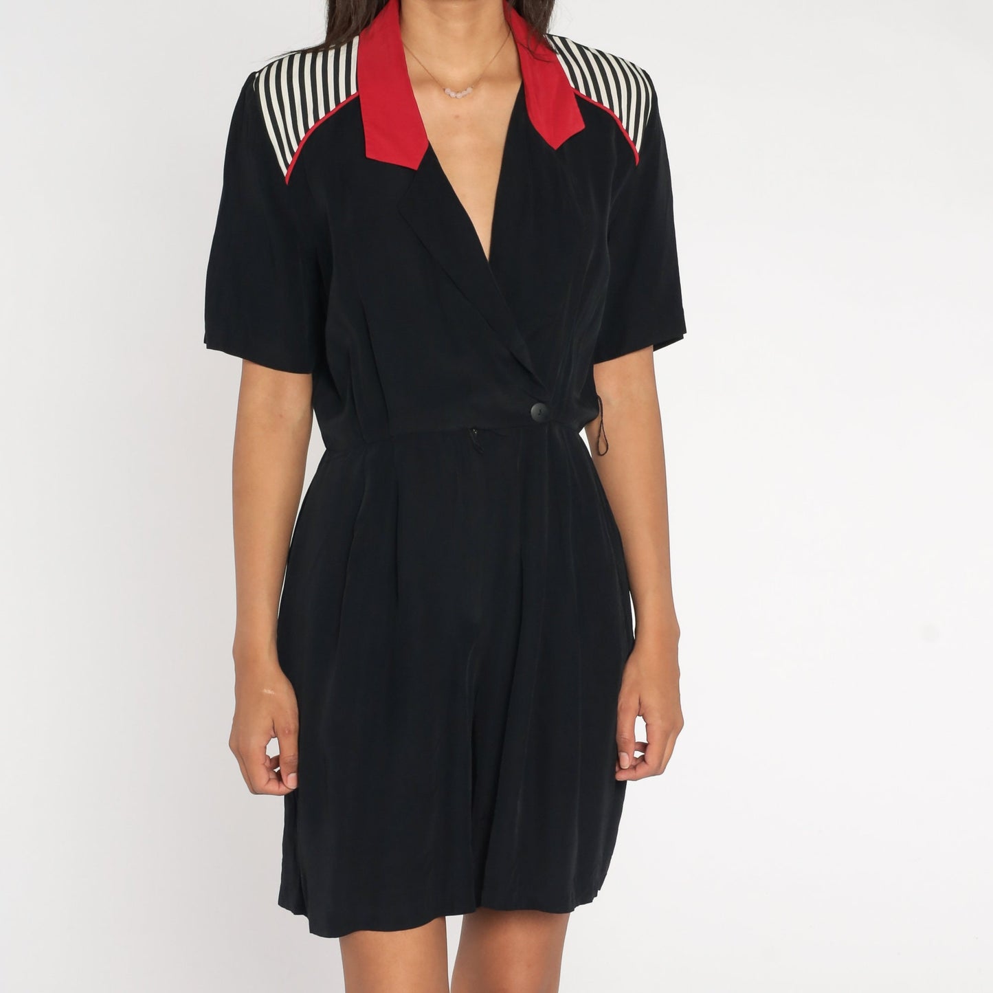 90s Black Striped Wrap V-Neck Romper Red White Trim Short Sleeve Small S