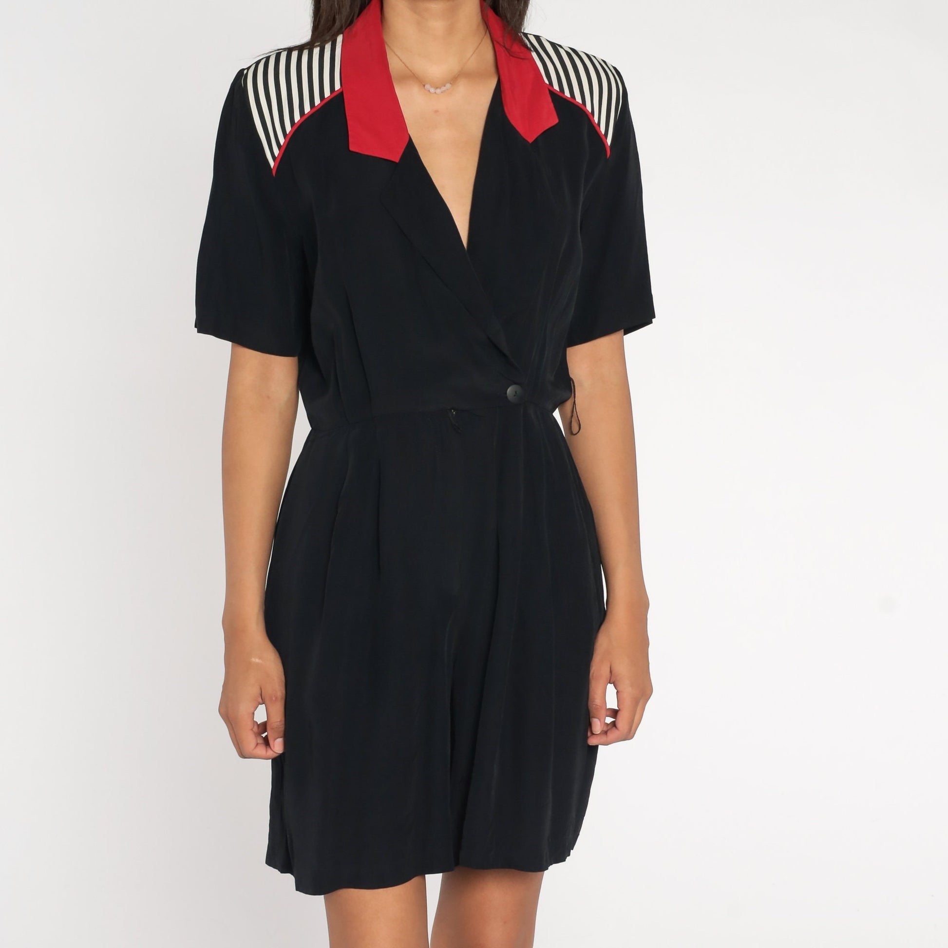 90s Black Striped Wrap V-Neck Romper Red White Trim Short Sleeve Small S