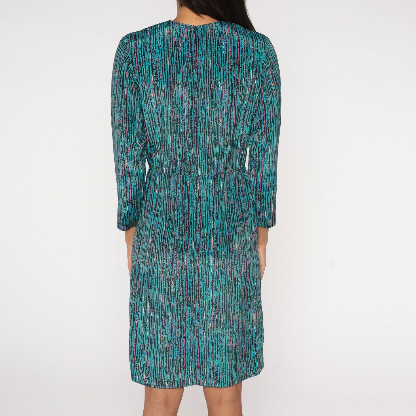 80s Turquoise Striped Midi Dress High Waist Long Sleeve Small S