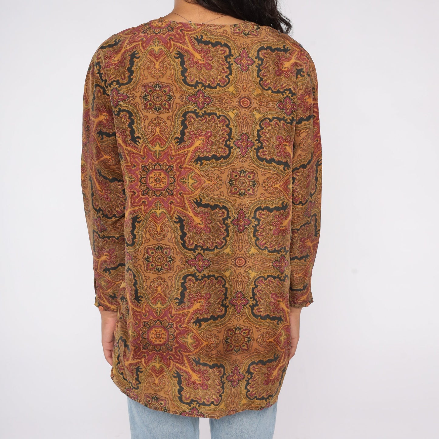 90s Geometric Print Button-Up Blouse Brown Yellow Long Sleeve Large L