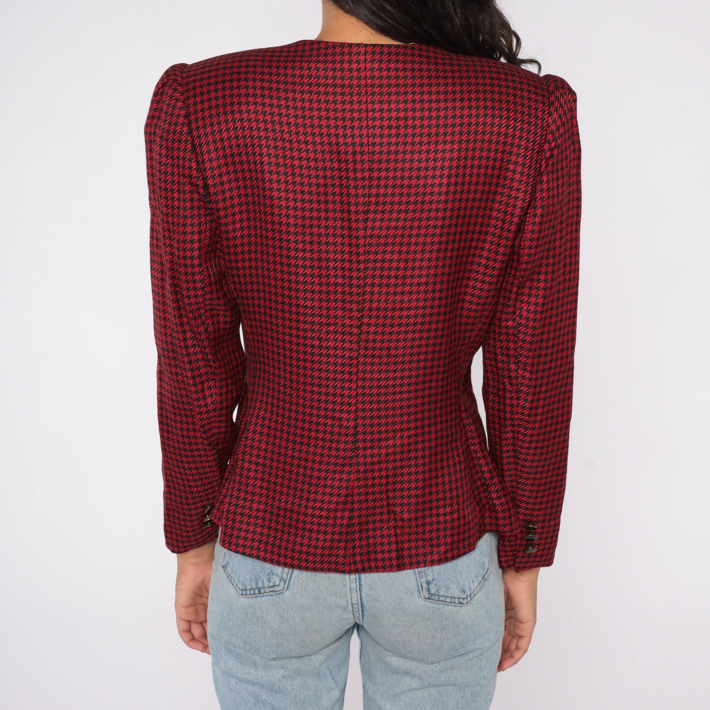 80s Worthington Red Black Houndstooth Blazer Puff Sleeve Tailored Medium