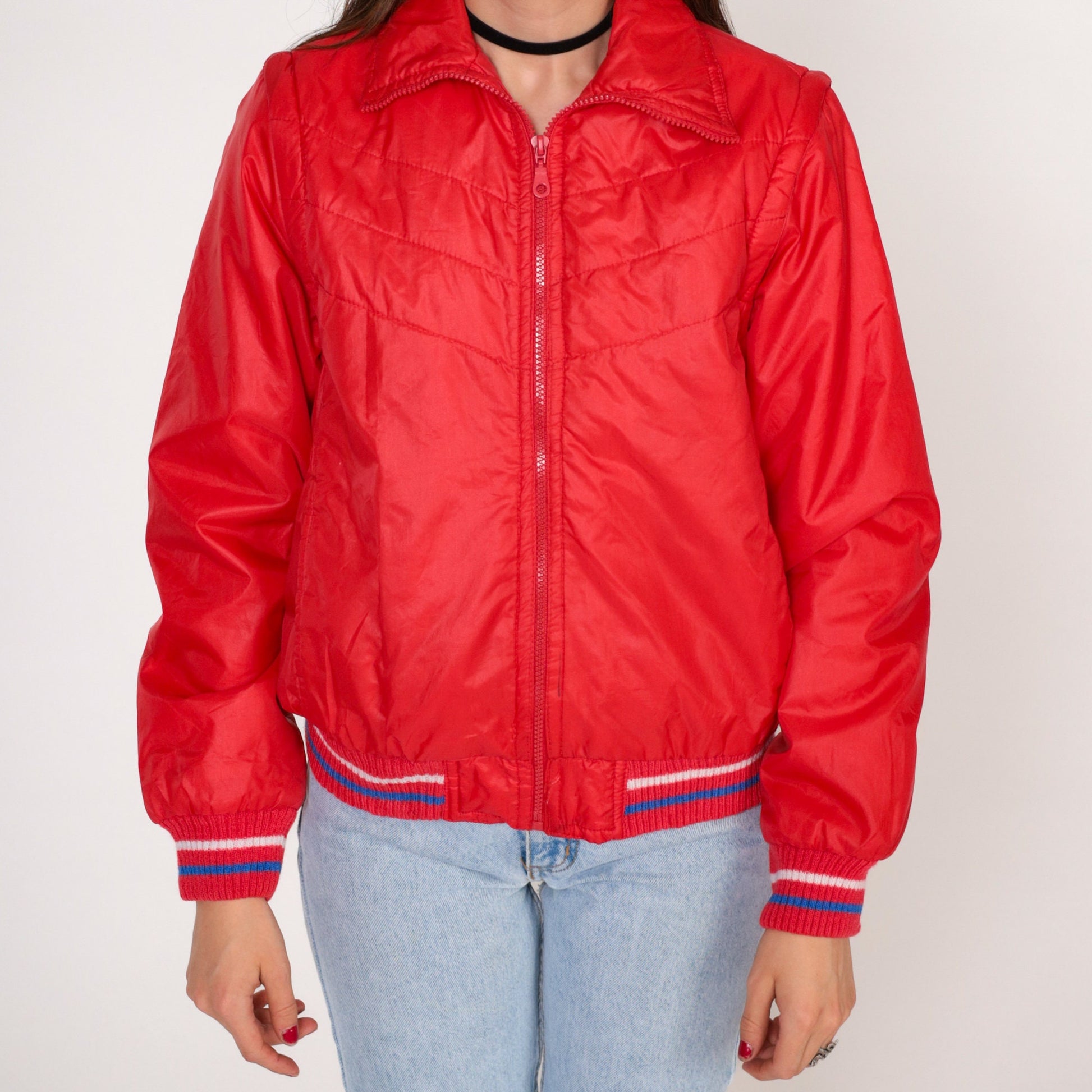 80s Red Quilted Convertible Jacket Zip-Off Sleeves Windbreaker Extra Small