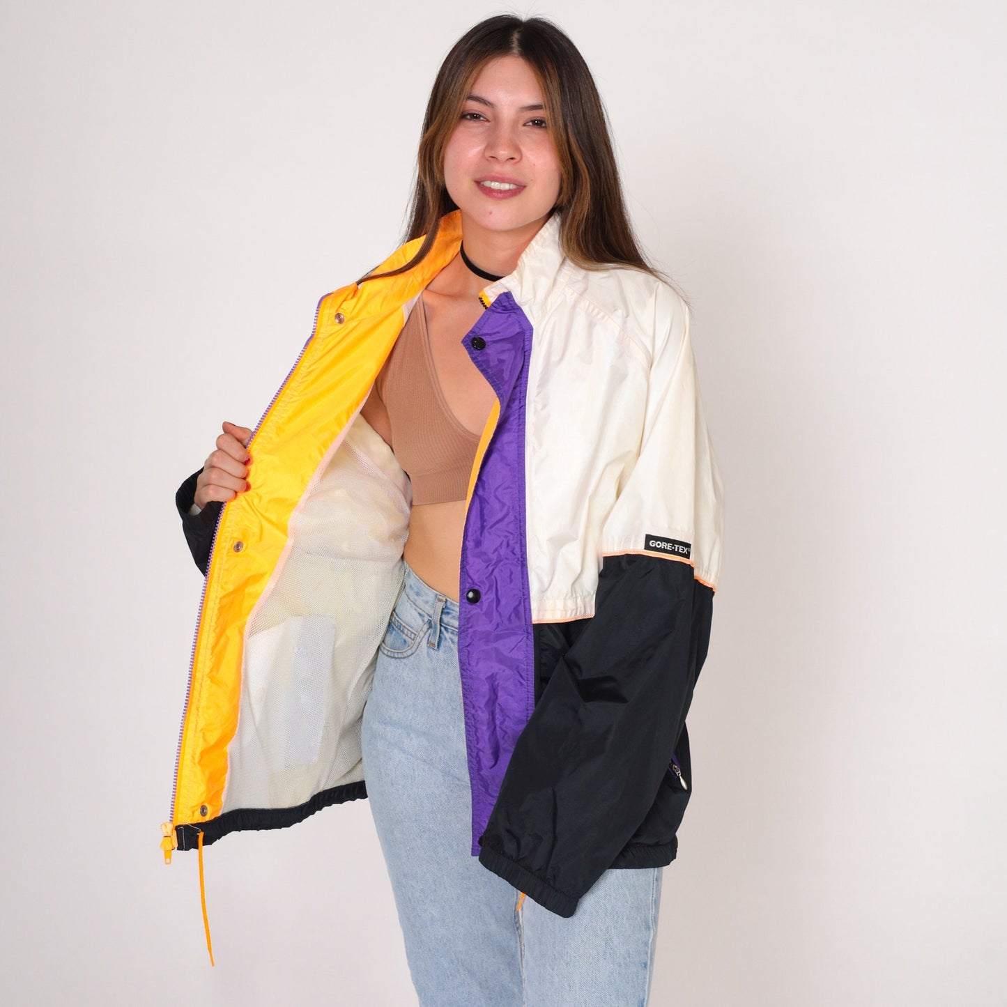 90s Goretex Windbreaker Jacket Off-White Black Colour Block Yellow Purple Large