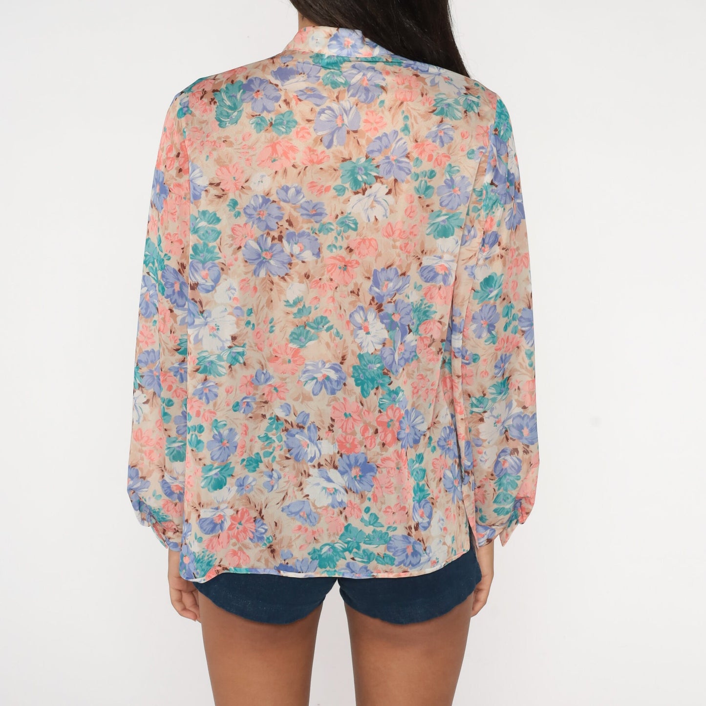70s Floral Ruffle Tuxedo Blouse Pink Blue Button Up Long Sleeve Medium Large