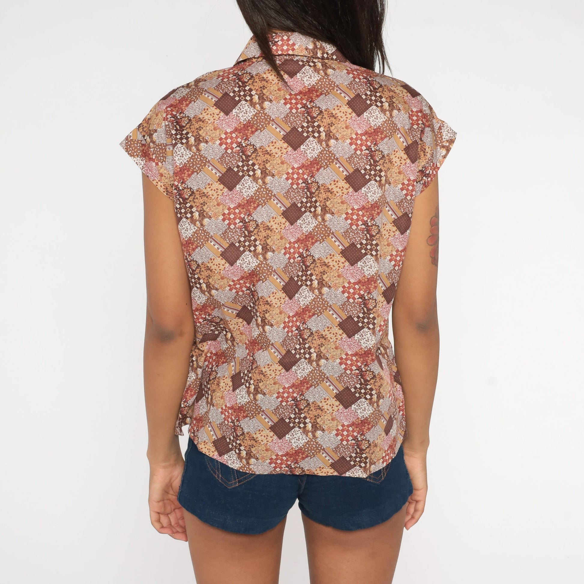 70s Floral Patchwork Blouse Brown Calico Print Tunic Short Sleeve Medium