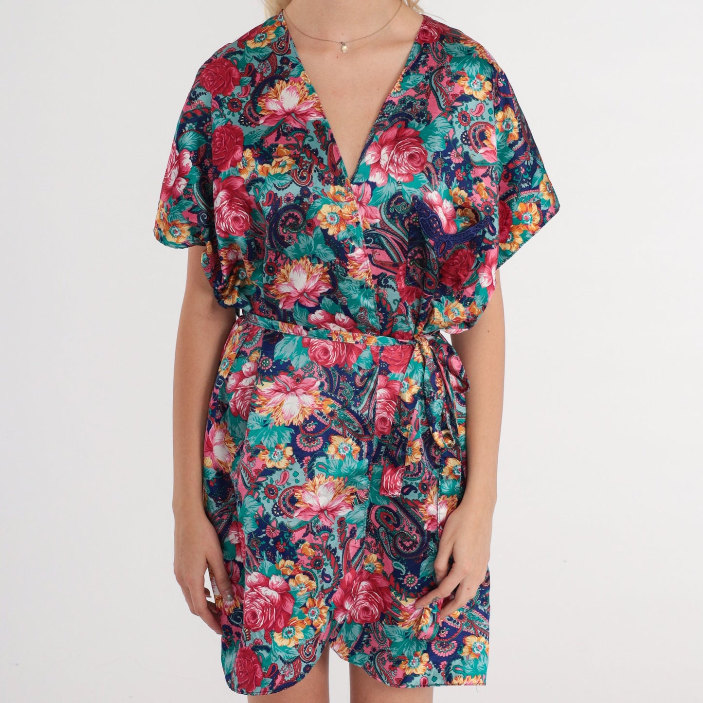 90s Floral Paisley Kimono Robe Mini Tie Front Satin Medium M