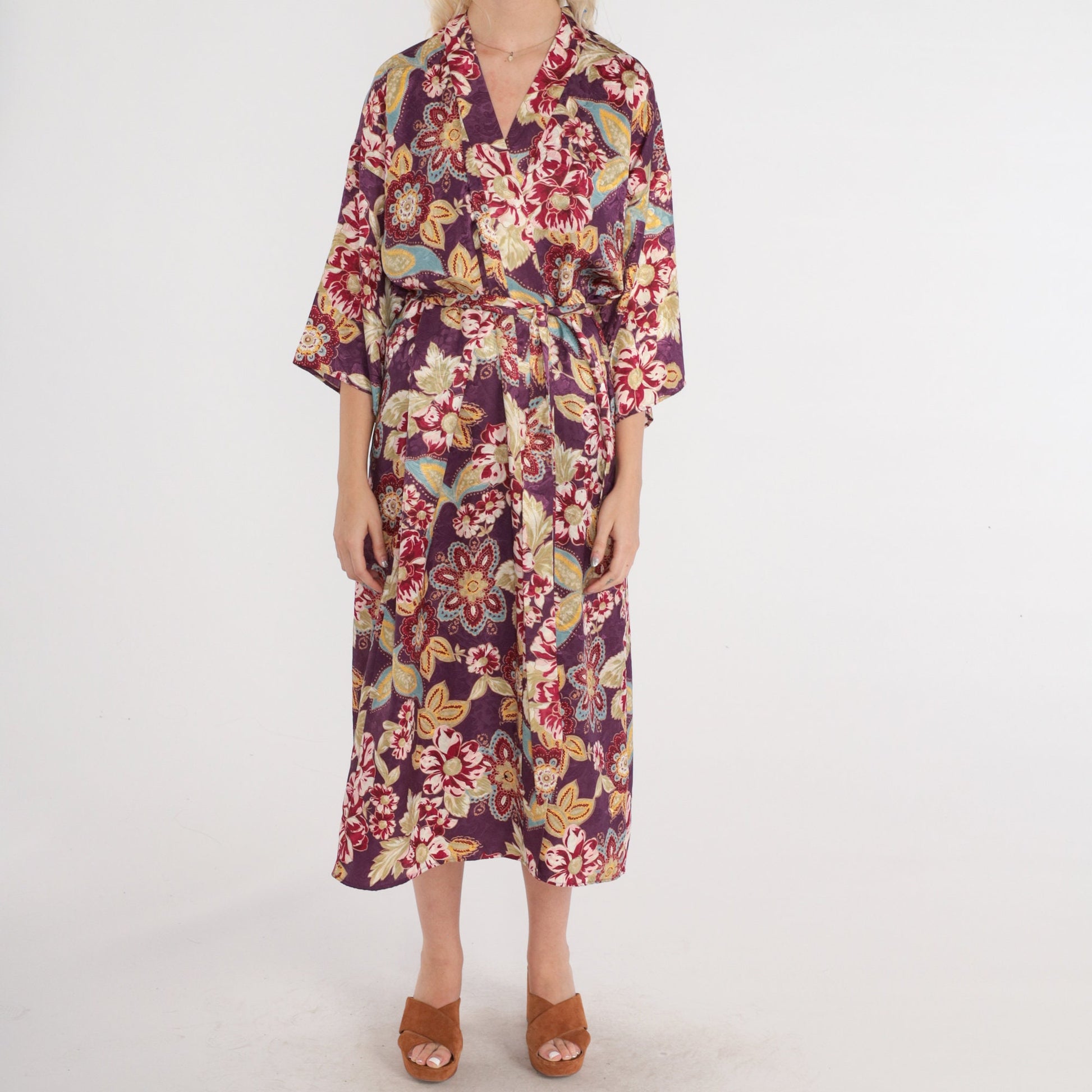 90s Purple Floral Midi Robe Tie Front Pajama Lounge Medium M