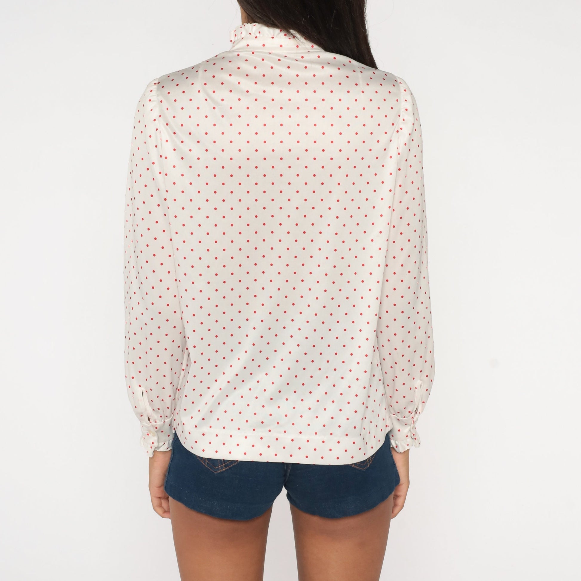 70s White Polka Dot Tuxedo Blouse Red Ruffle Puff Sleeve Button Up Medium