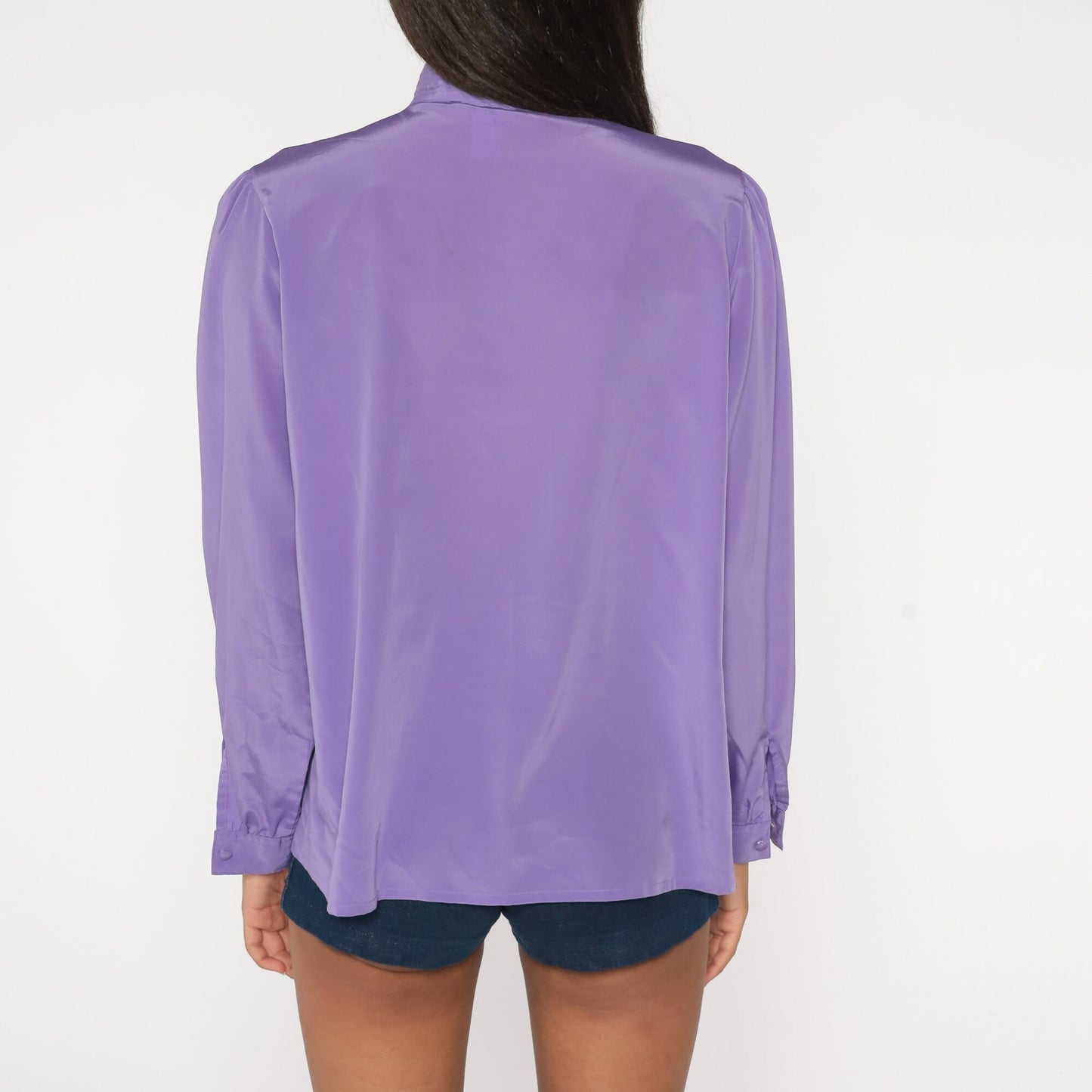 80s Purple Puff Sleeve Blouse Pleated Collared Button-Up Large 12