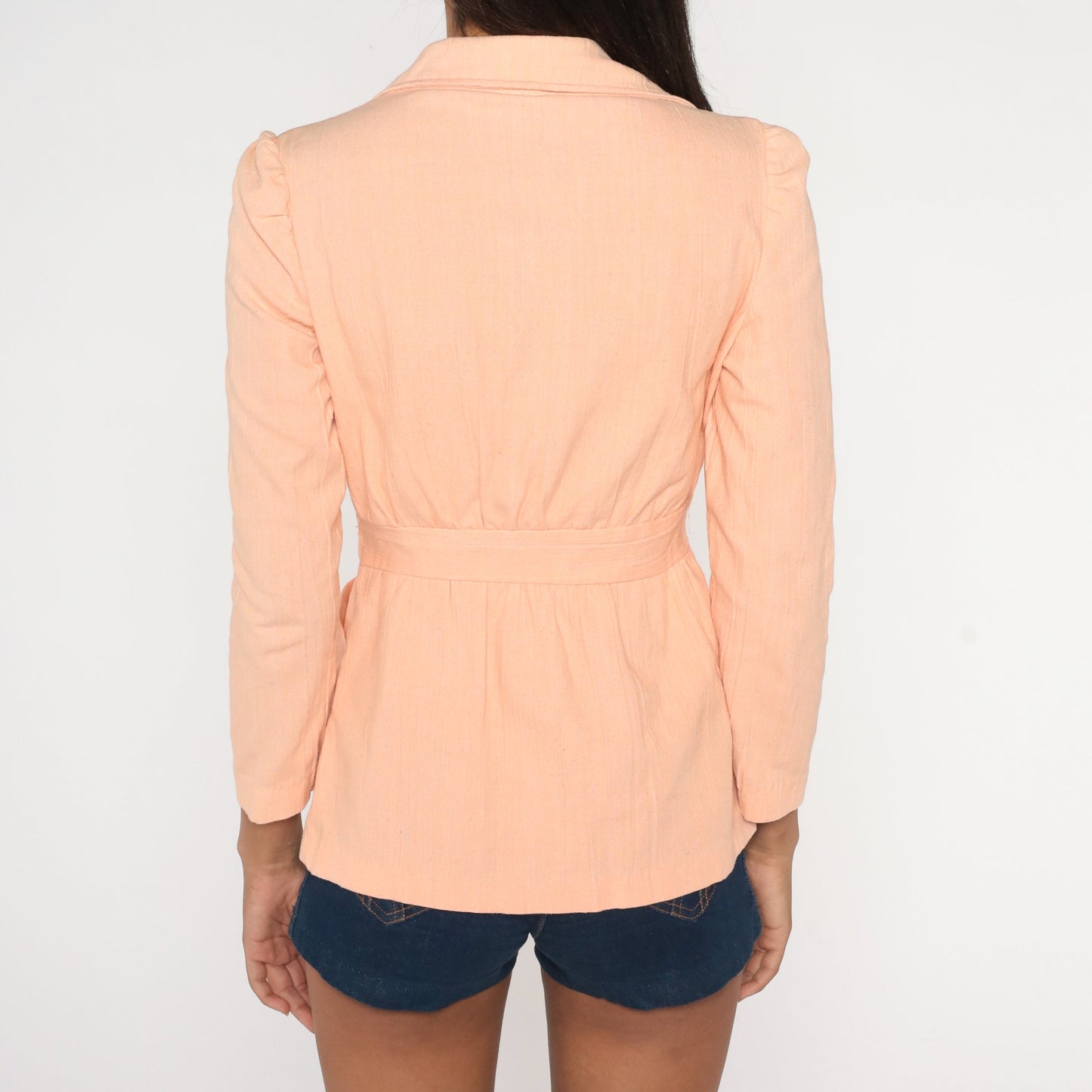 70s Peach Wrap Jacket Puff Sleeve Blazer Open Front Small