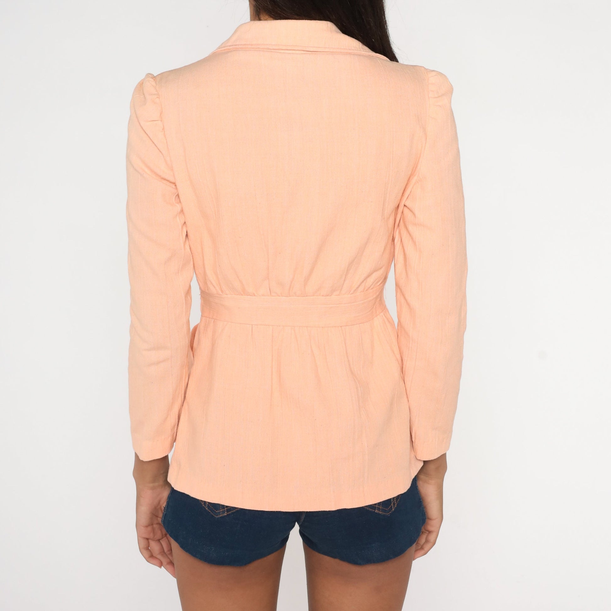 70s Peach Wrap Jacket Puff Sleeve Blazer Open Front Small