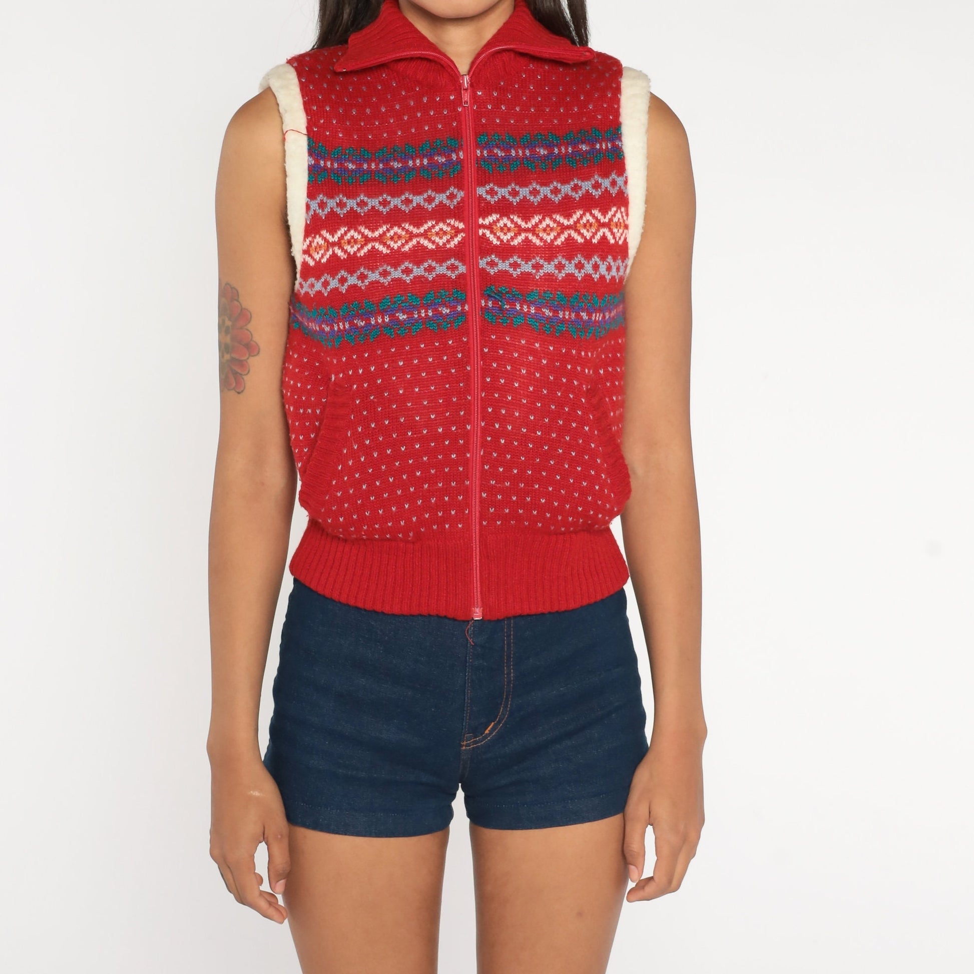 80s Fair Isle Fleece Vest Red Nordic Zip-Up Shearling Lining Extra Small