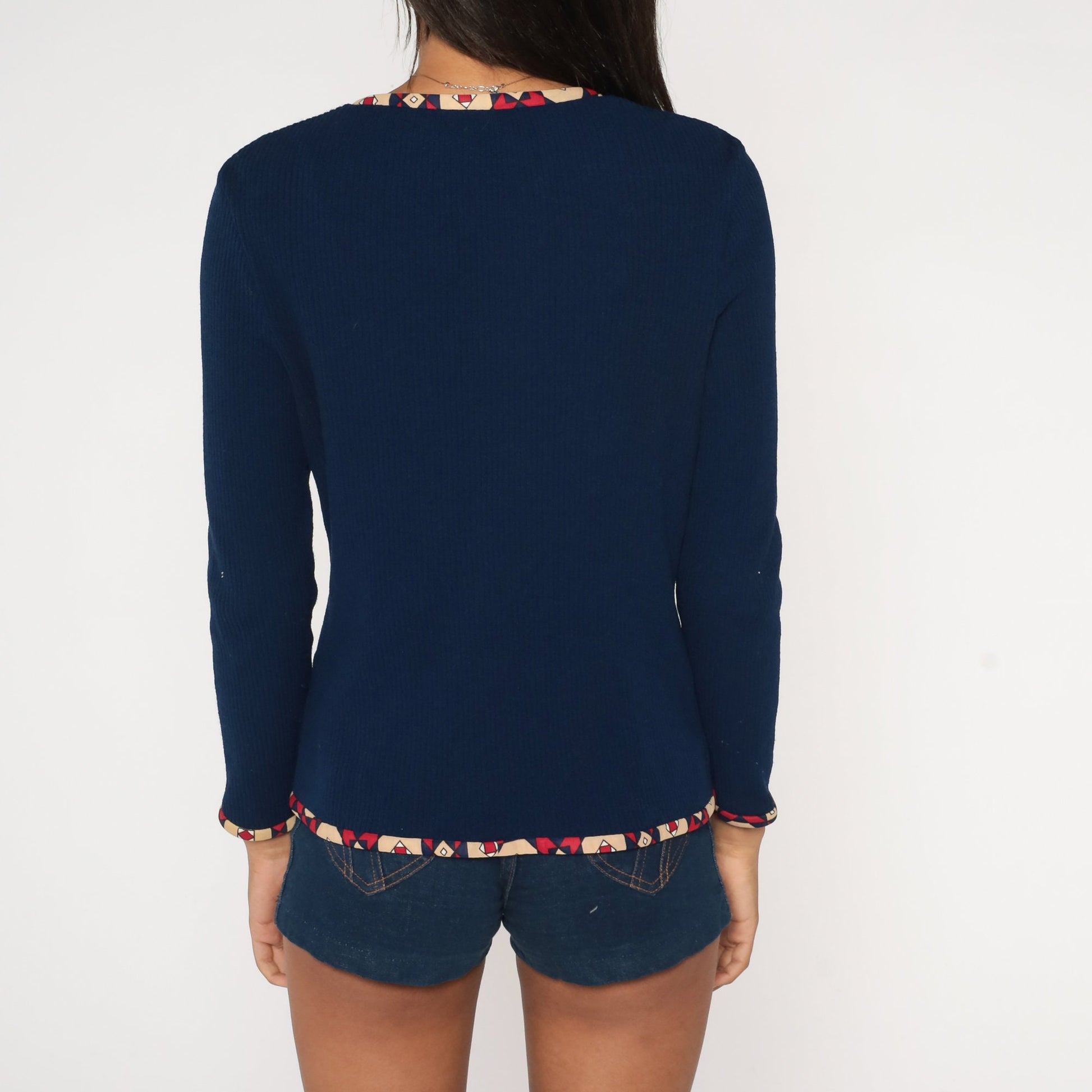 70s Navy Open Front Jacket Geometric Trim Lightweight Small