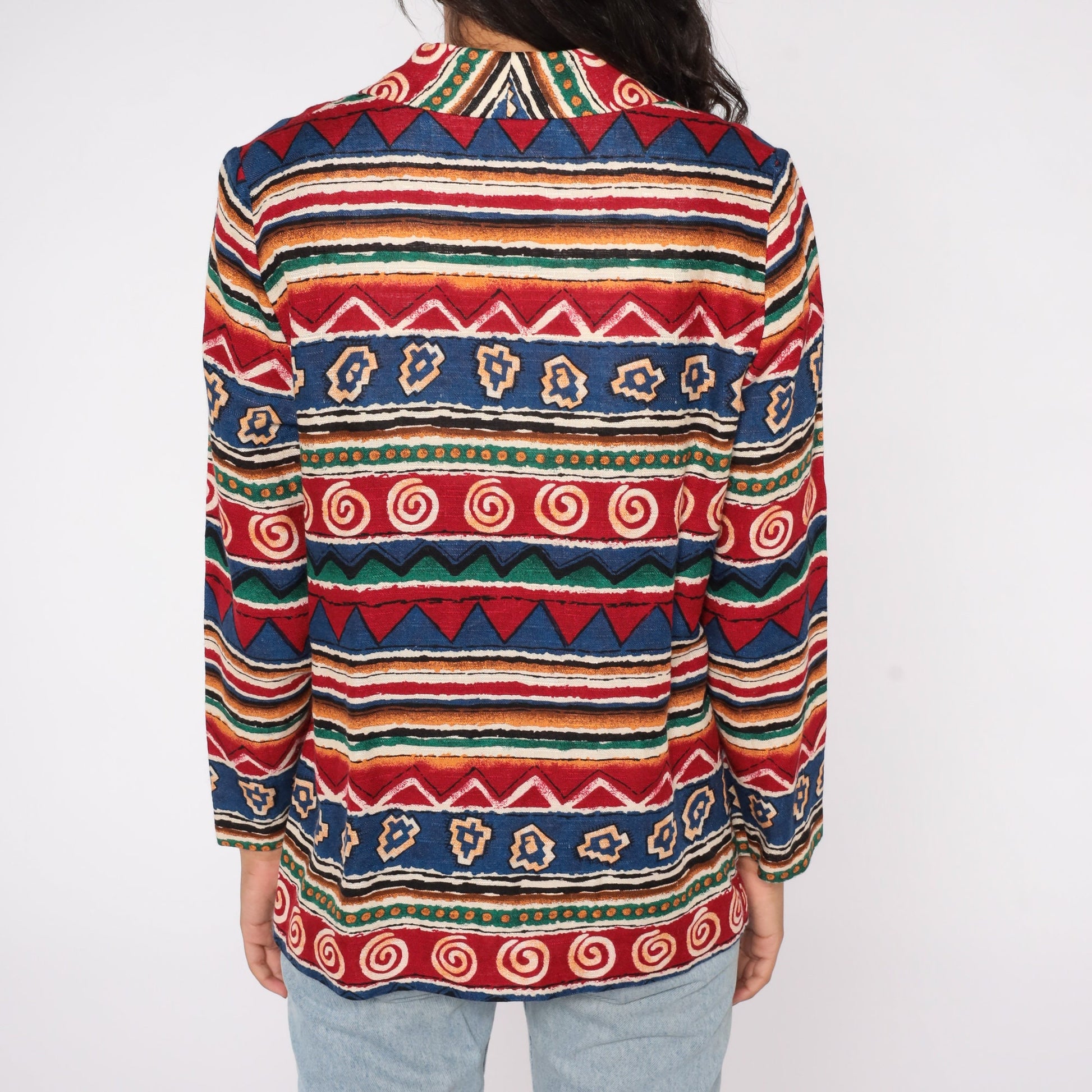 90s Southwestern Striped Blazer Red Blue Geometric Jacket Petite 8