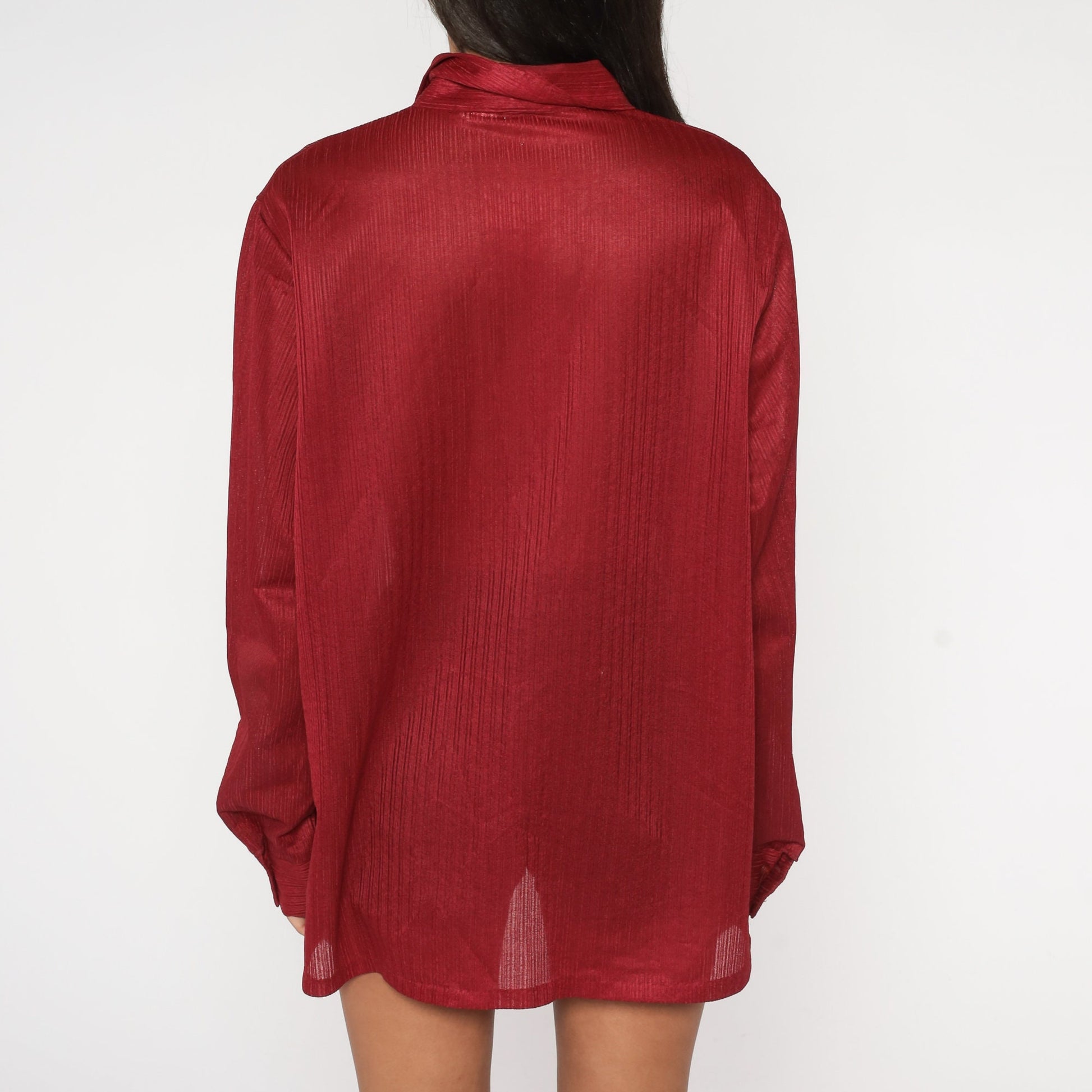 70s Burgundy Ring Pull Zip Shirt Dagger Collar Long Sleeve Extra Large