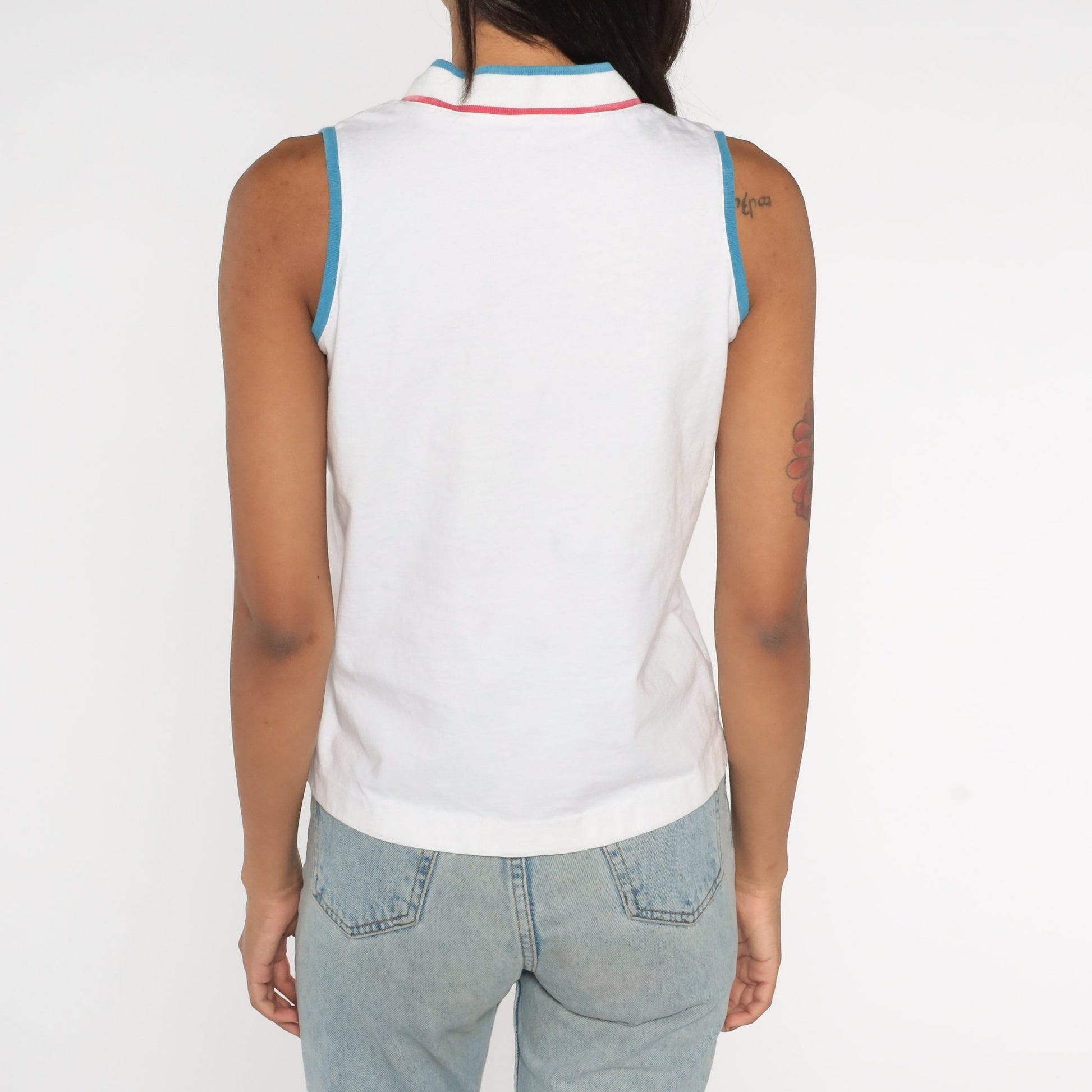 80s White Ringer Tank Top Red Blue Striped V-Neck Small