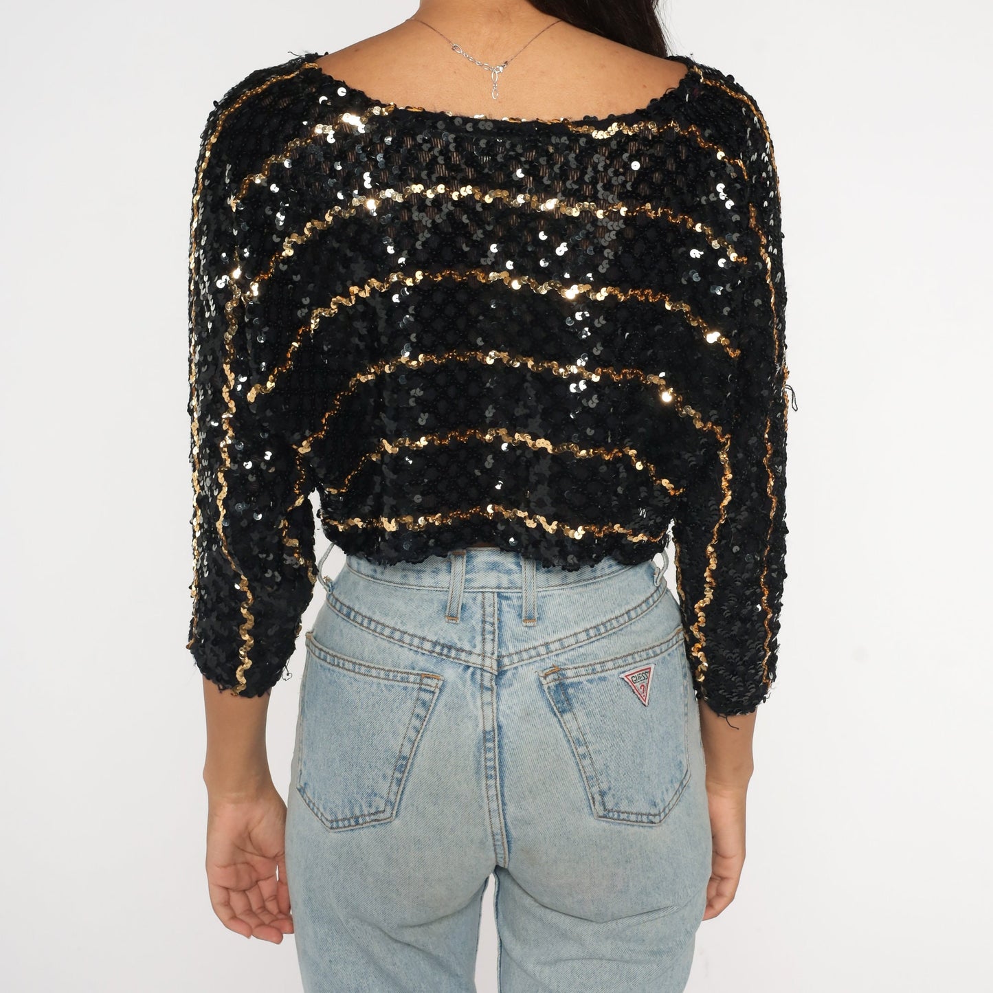 80s Black Gold Sequin Crop Top Long Dolman Sleeve Striped Blouse Medium