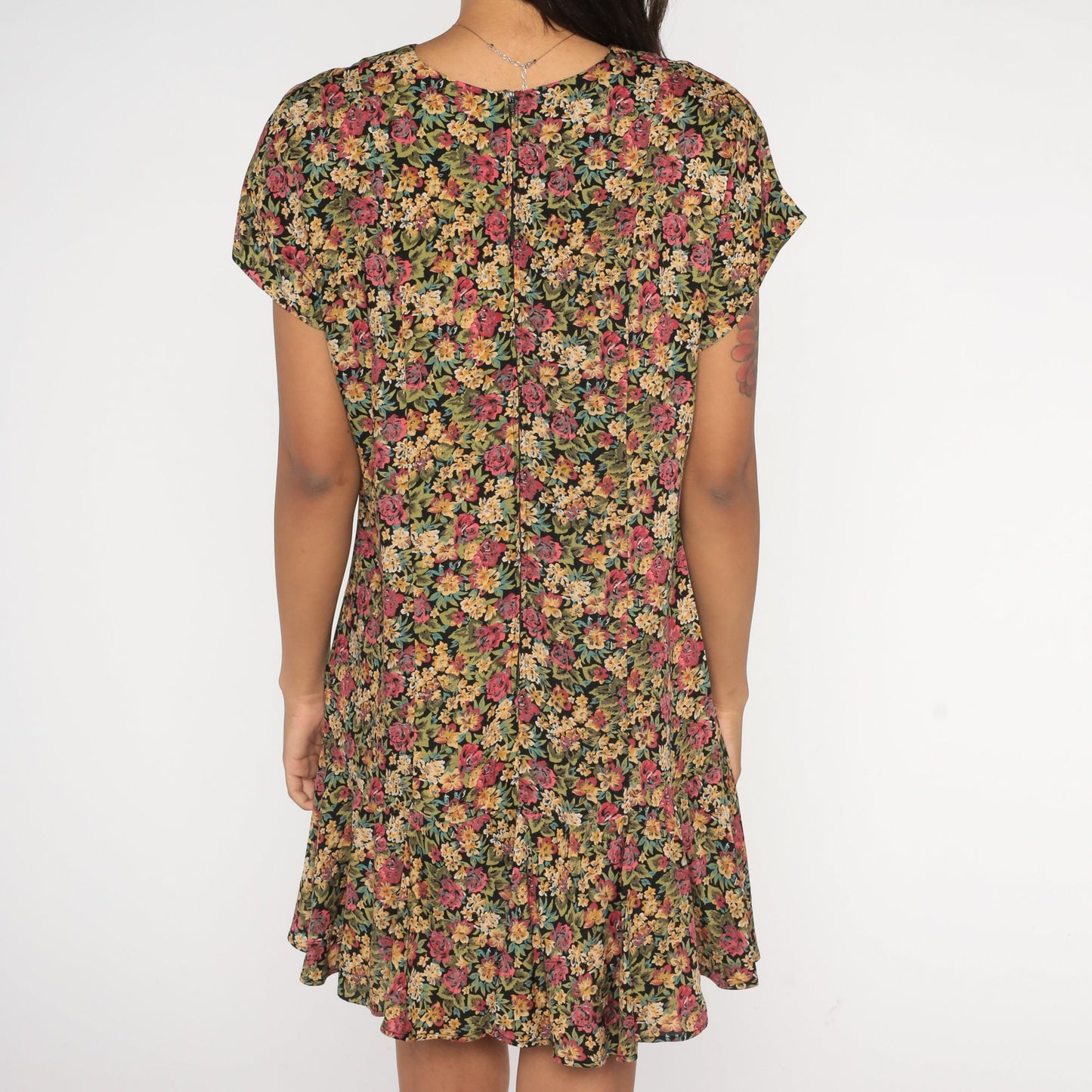 90s Floral Mini Dress Drop Waist Ruffle Short Sleeve Pink Green Large L