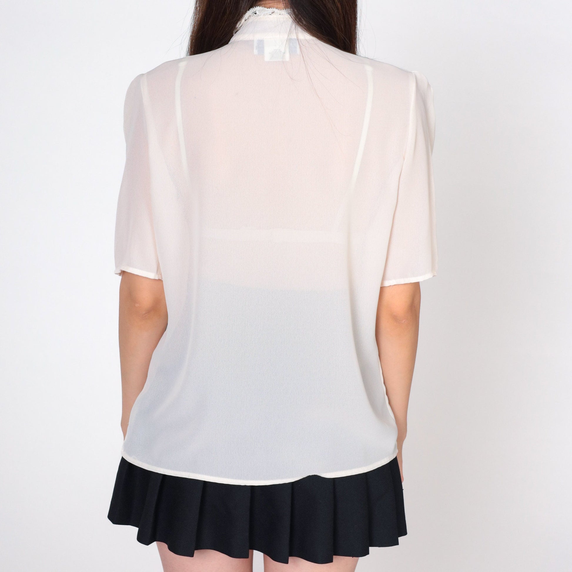 80s White Puff Sleeve Blouse Lace Collar Button-Up Short Sleeve Medium