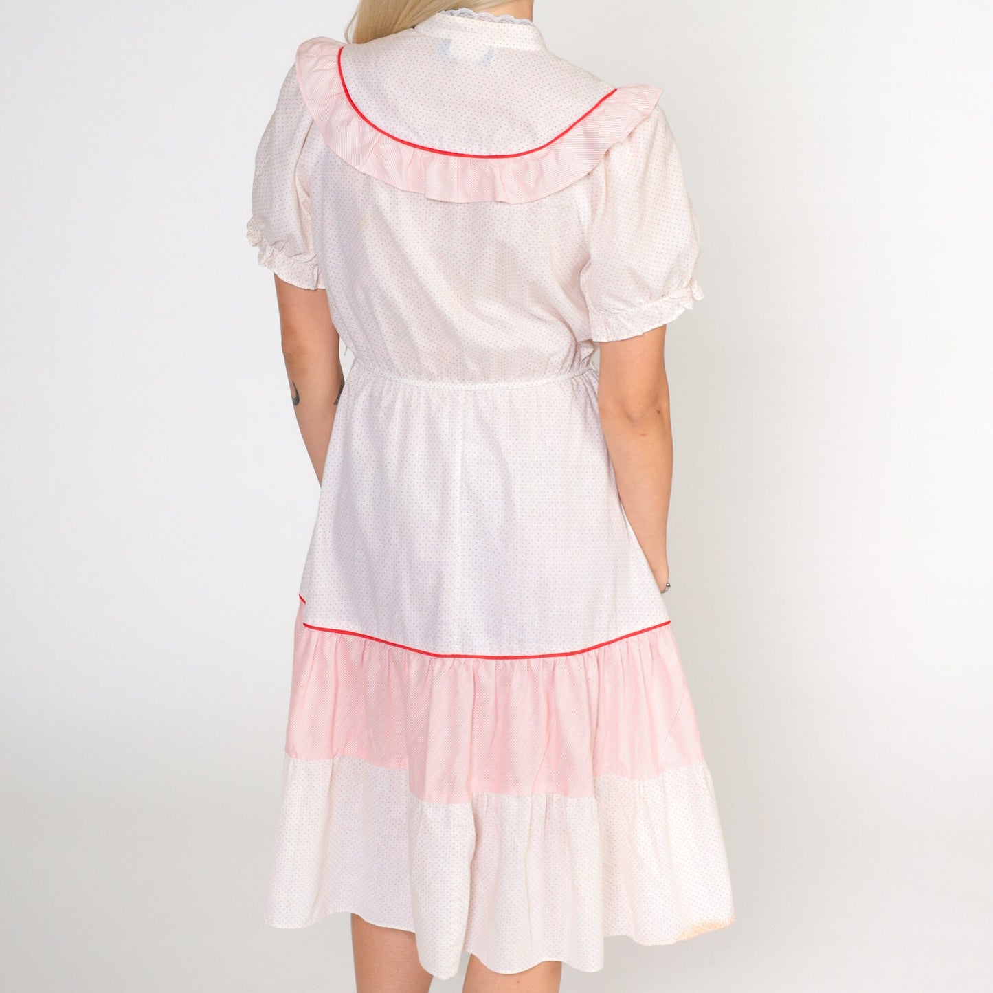 70s White Red Polka Dot Prairie Dress Puff Sleeve High Waist Button Front Small