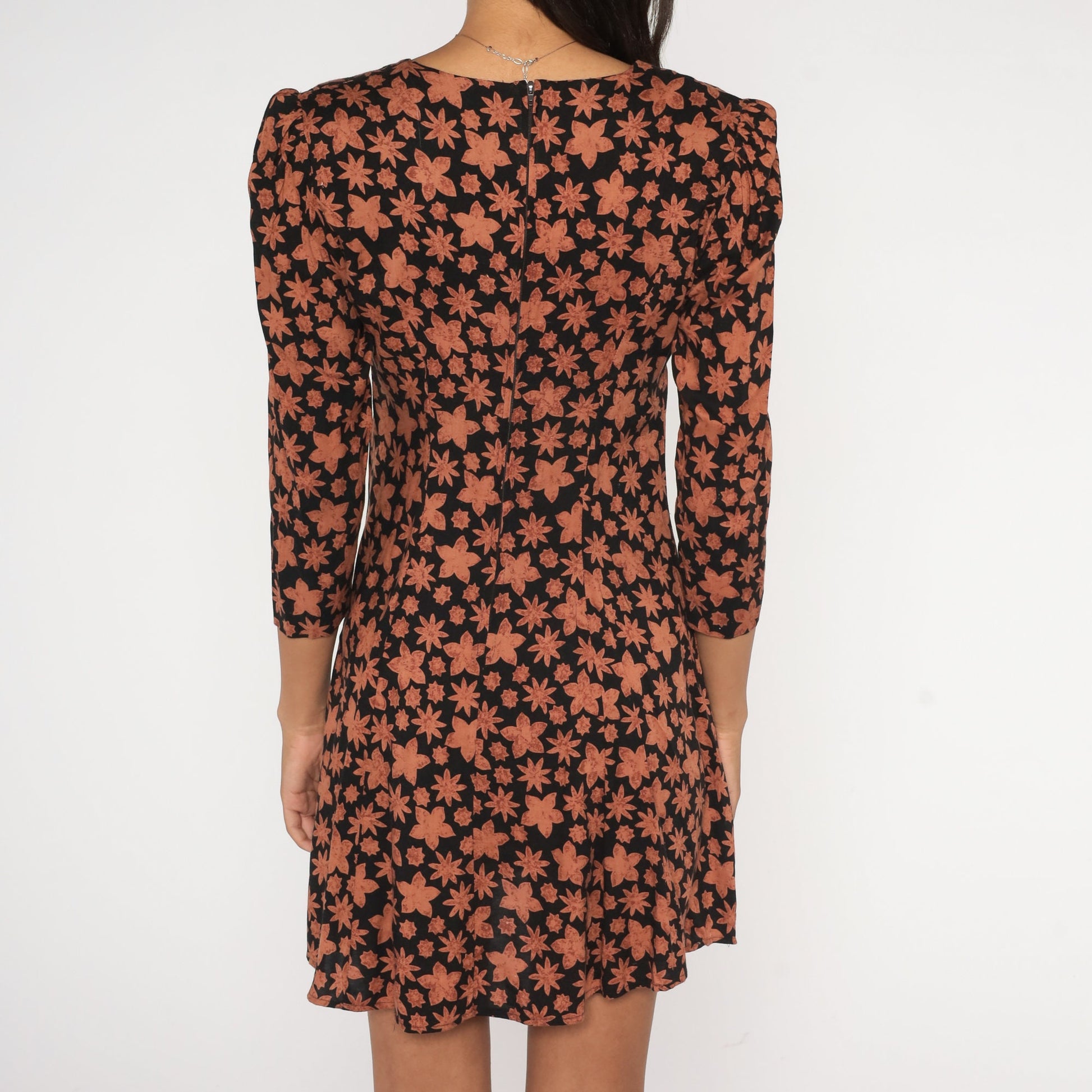 90s Black Floral Mini Dress Puff Sleeve Tie Neck Small