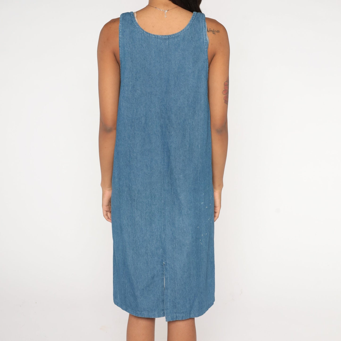 90s Blue Denim Midi Dress Flower Patch Sleeveless Cotton Medium M