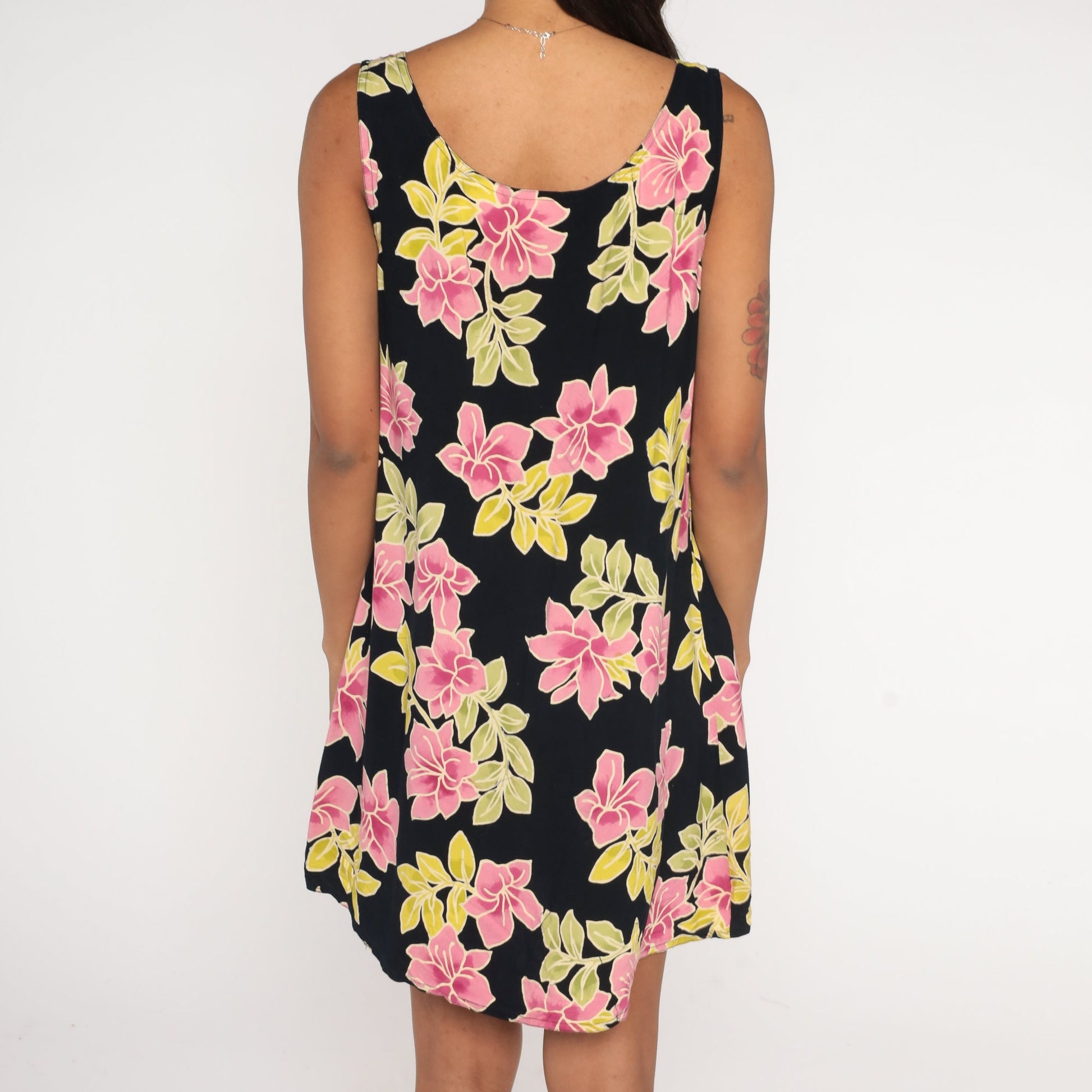 90s Black Tropical Floral Mini Dress Sleeveless Sundress Hibiscus Large L