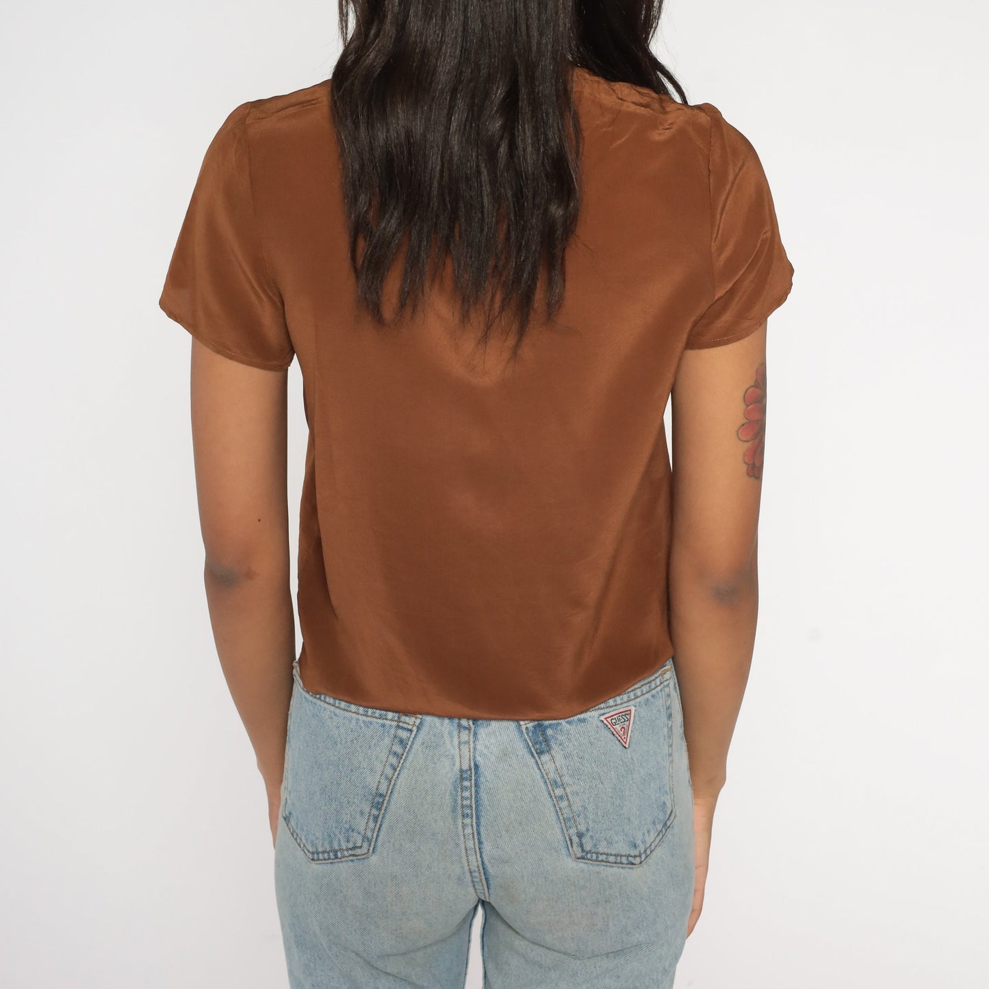 80s Brown Shiny Blouse Short Sleeve Crewneck Small